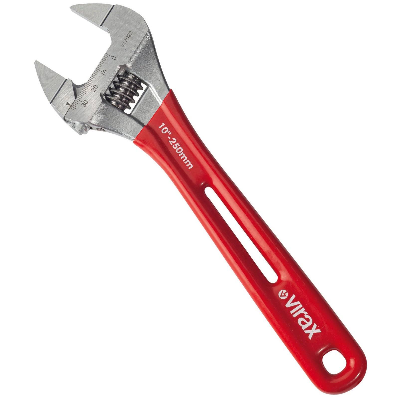 Rot und silberner verstellbarer Schraubenschlüssel mit 'Virax' Logo auf dem Griff, misst 10 Zoll oder 250 mm. Das Werkzeug befindet sich in Ruheposition.