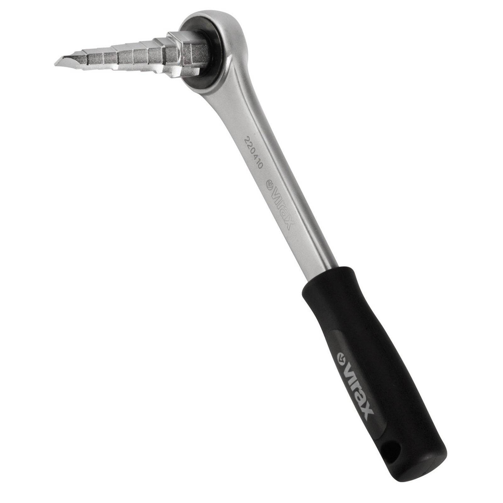 Ein Handwerkzeug zum Entgraten von Rohren, das eine gestufte Metallklinge und einen schwarzen ergonomischen Griff mit Markierung aufweist.