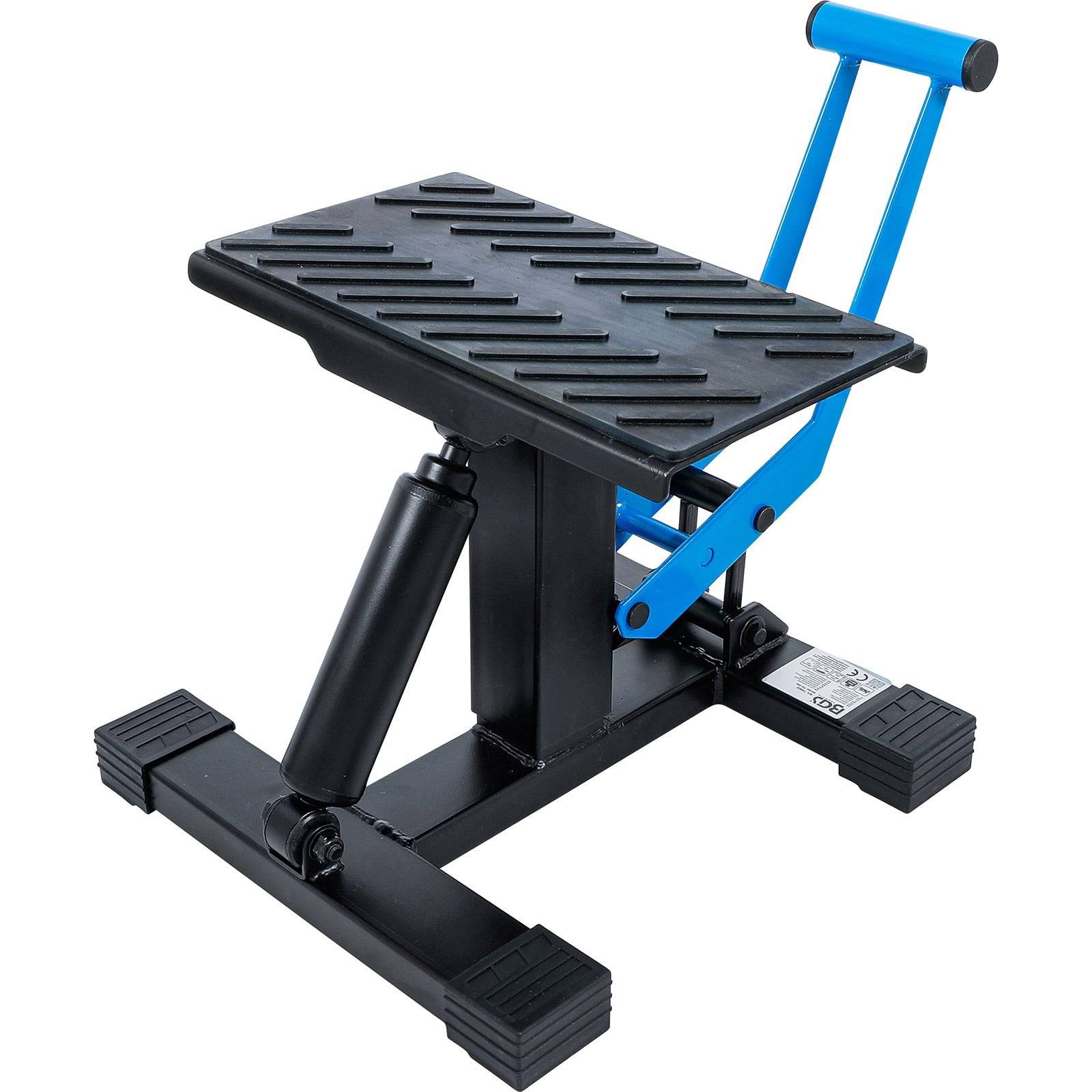 Ein Motorradheber mit schwarzer Plattform und blauem Griff zum Heben und Abstützen von Motorrädern während der Wartung.