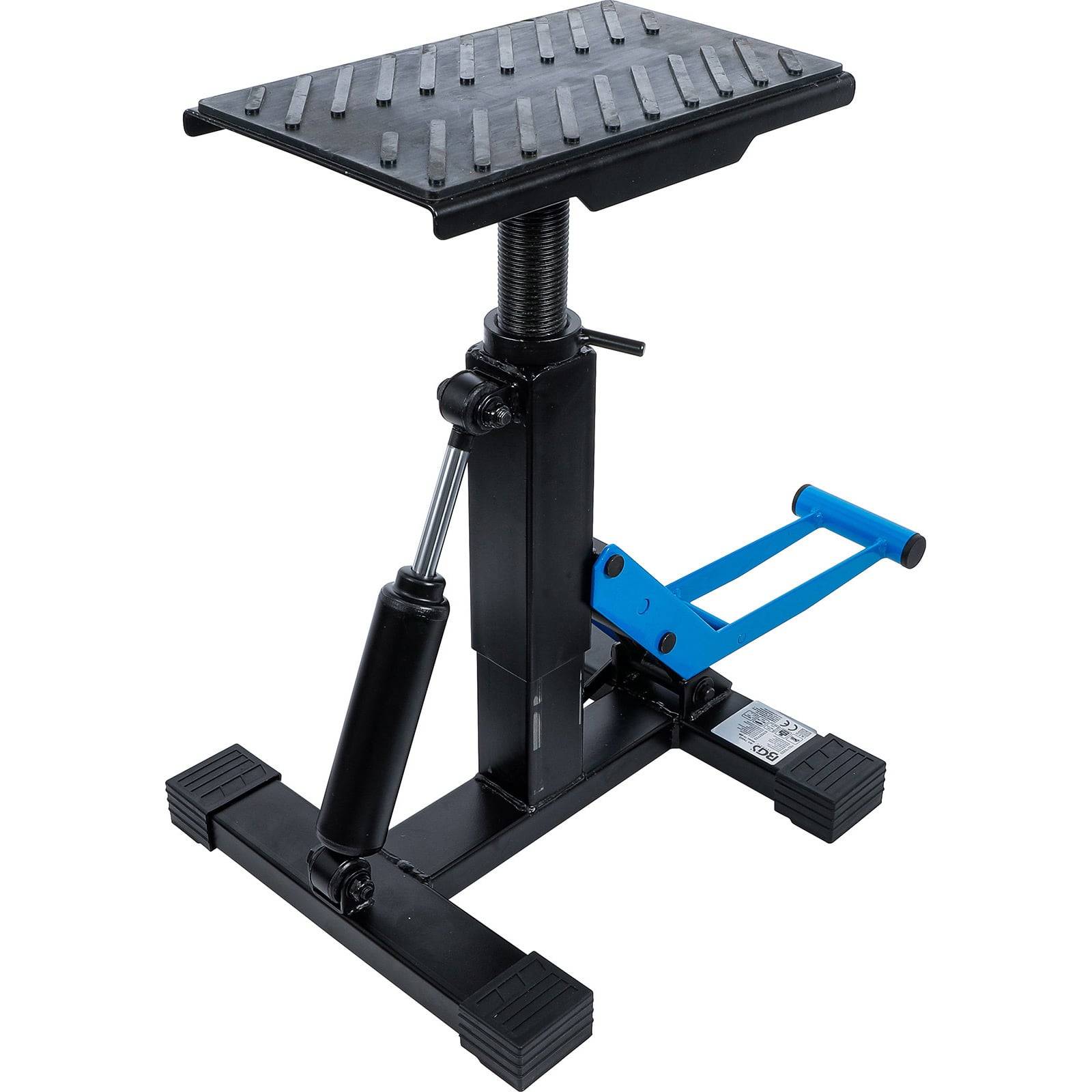Schwarzer Motorrad-Scherenheber mit blauem Fußpedal, verstellbarer Höhe und robuster Plattform für Wartungs- oder Reparaturarbeiten.
