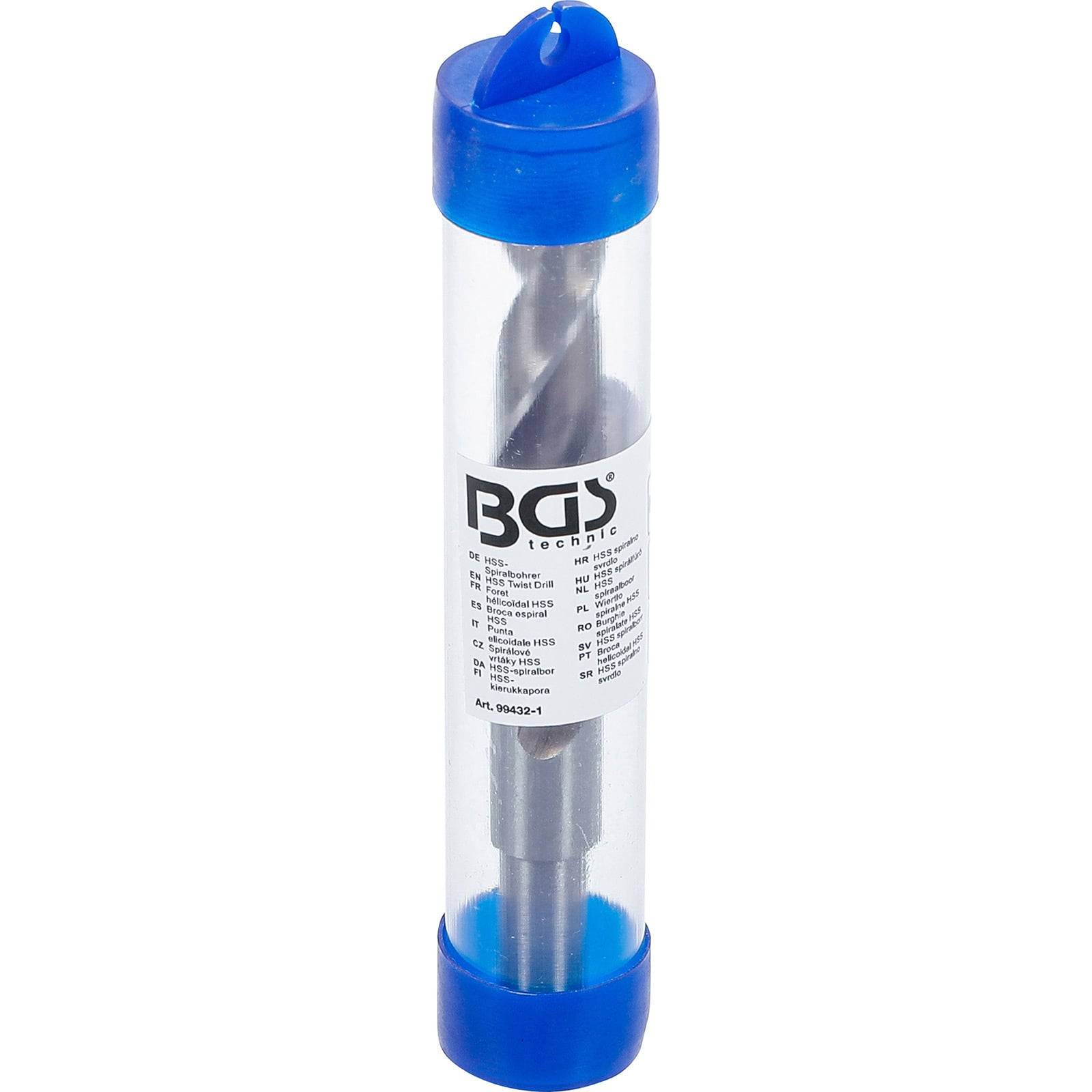 Ein Bohrer in einem transparenten, zylindrischen Plastikbehälter mit blauen Endkappen, beschriftet mit 'BGS technic.