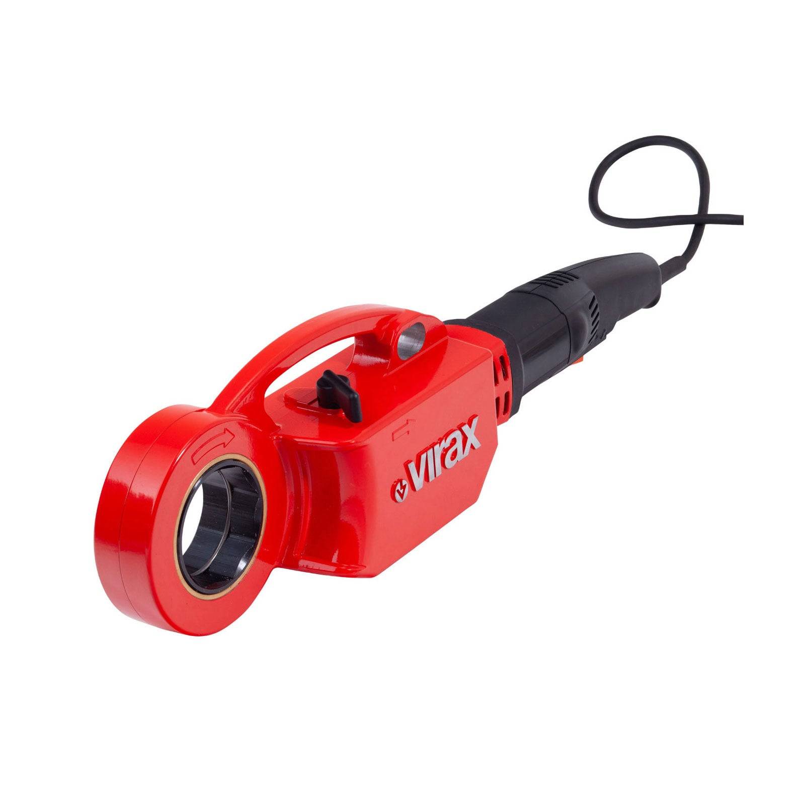 Elektrisches Rohrabschneider-Werkzeug mit rotem Gehäuse, ausgestattet mit einem ergonomischen Griff, angeschlossen an ein Netzkabel. Der Markenname 'Virax' ist seitlich sichtbar.