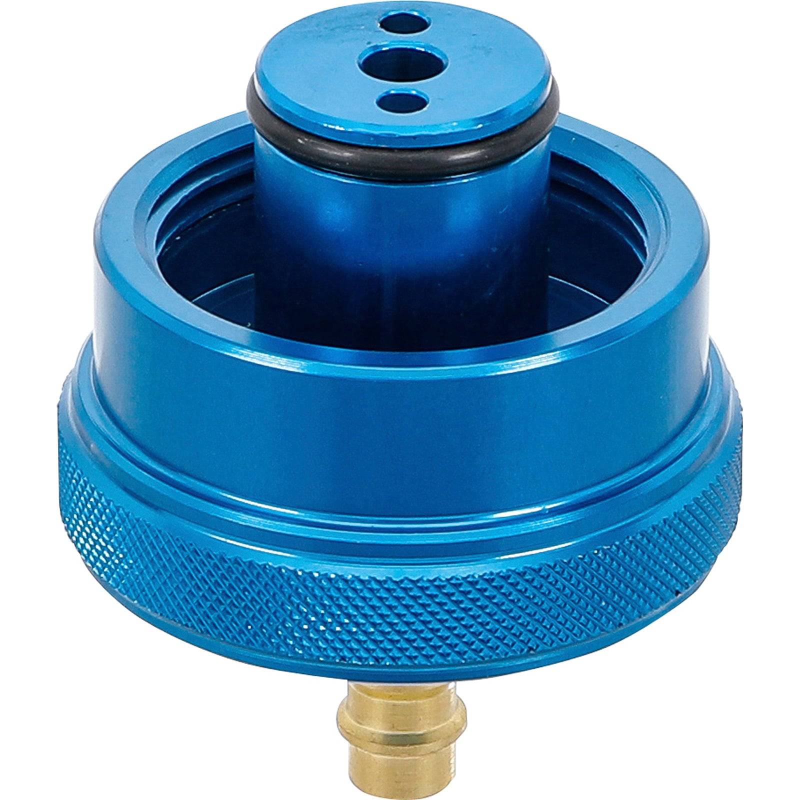 Ein blauer Autoreifen-Ventil-Adapter mit einem goldenen Anschluss, verwendet zum Aufpumpen von Reifen.