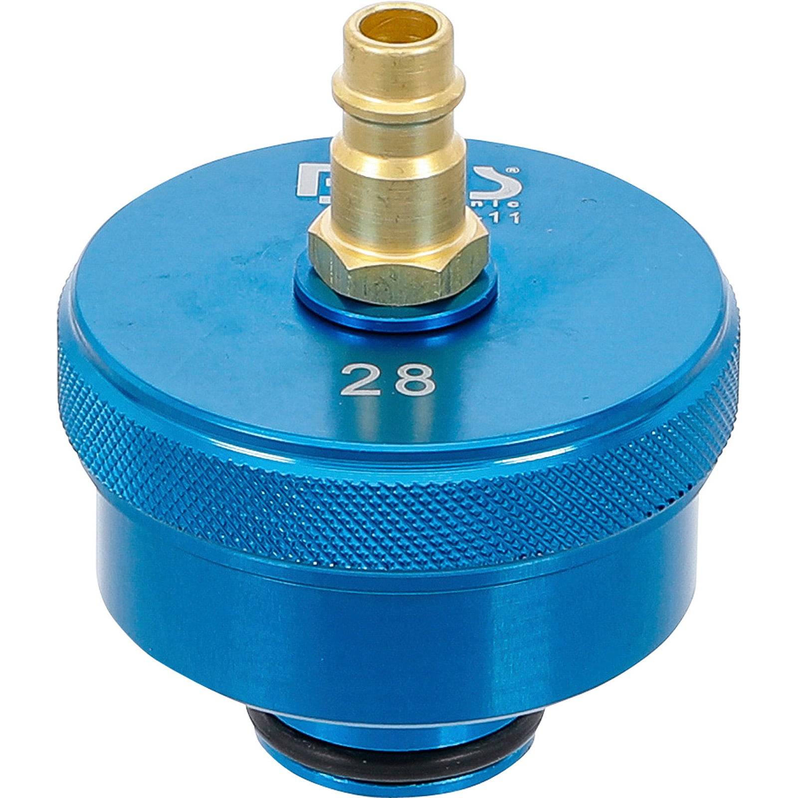 Ein blauer runder Werkzeug mit der Beschriftung '28' und einem Messingverbinder oben, verwendet für automotive oder mechanische Zwecke.
