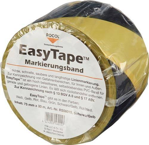 Rolle von Rocol 'EasyTape' Markierungsband in Gelb und Schwarz, entwickelt für einfaches Linienmarkieren mit sauberen Ergebnissen.