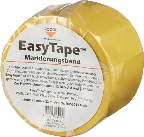 Gelbes Rollband mit der Beschriftung 'EasyTape Markierungsband' zur Linienmarkierung. Zeigt Haltbarkeit und verfügbare Farben: weiß, gelb, rot, blau, grün, schwarz/gelb, rot/weiß.