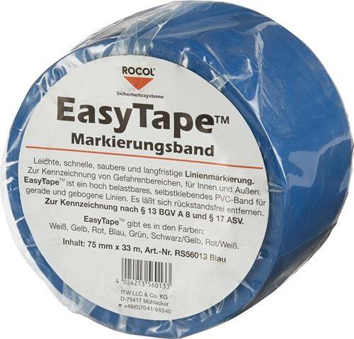 Eine Rolle blaues 'ROCOL EasyTape Markierungsband', verwendet für Linienmarkierungen im Innen- und Außenbereich, gekennzeichnet mit Spezifikationen auf Deutsch.