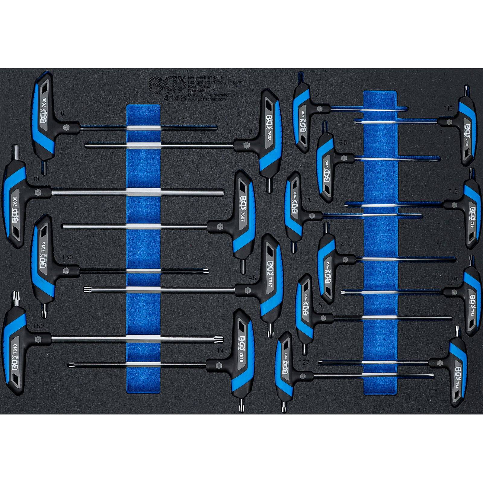 Ein Set aus blauen und schwarzen T-Griff-Innensechskantschlüsseln, ordentlich in einem Schaumstoff-Organizer angeordnet, die verschiedene Größen und Ausrichtungen zeigen.