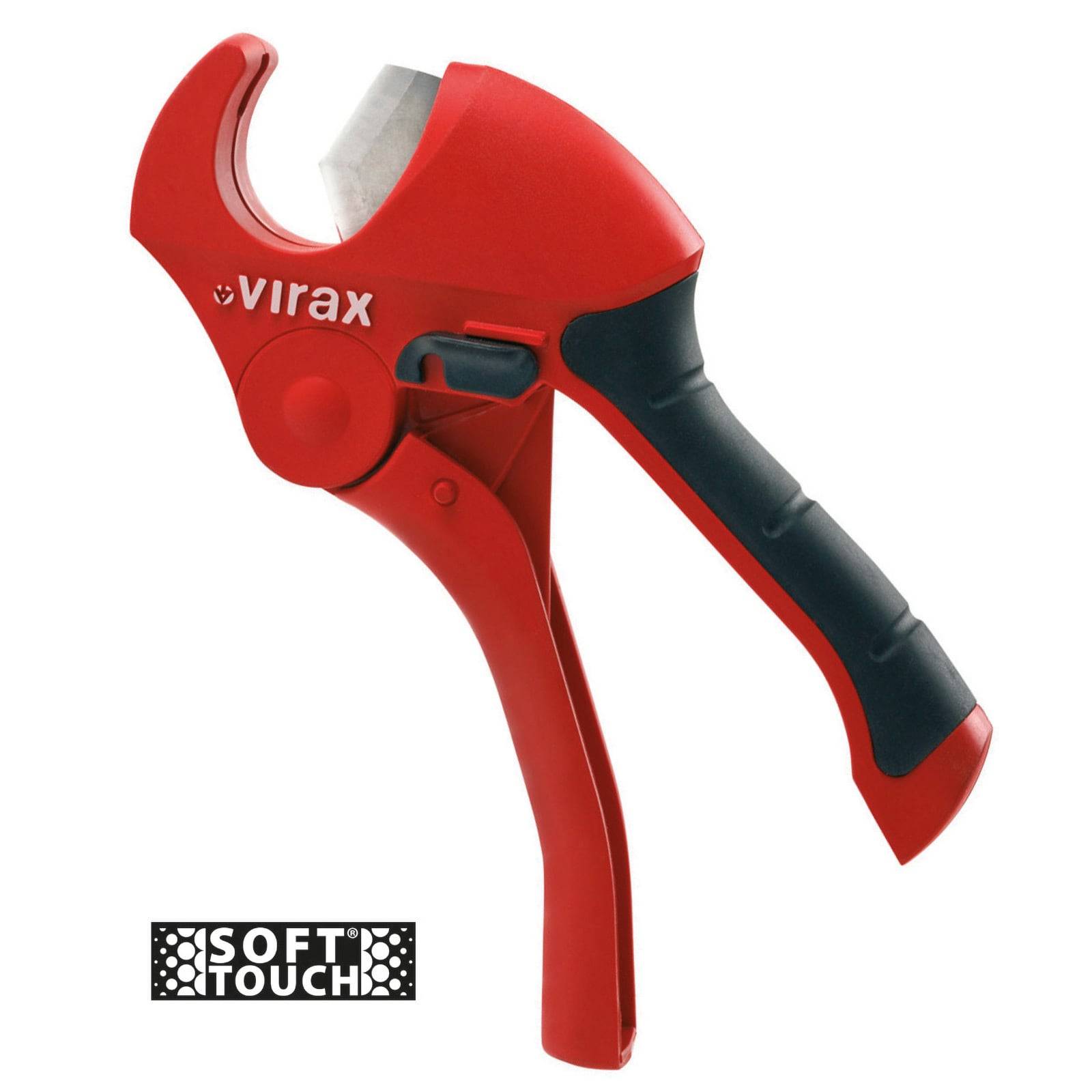 Roter Rohrabschneider mit schwarzem Griff, beschriftet mit 'Virax Soft Touch.