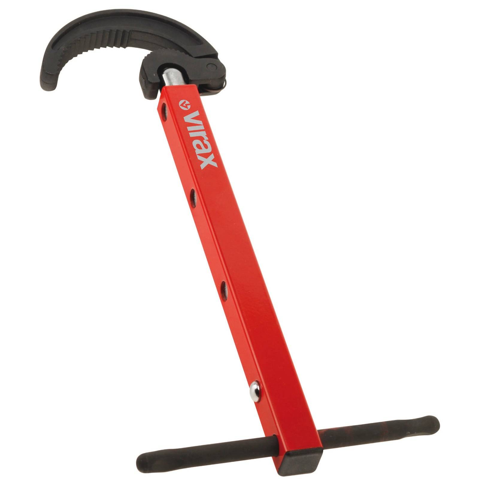 Ein roter Virax-Rohrzange mit einem schwarzen, verstellbaren gebogenen Backen und einem T-förmigen Griff, verwendet zum Greifen und Drehen von Rohren, vor einem weißen Hintergrund.