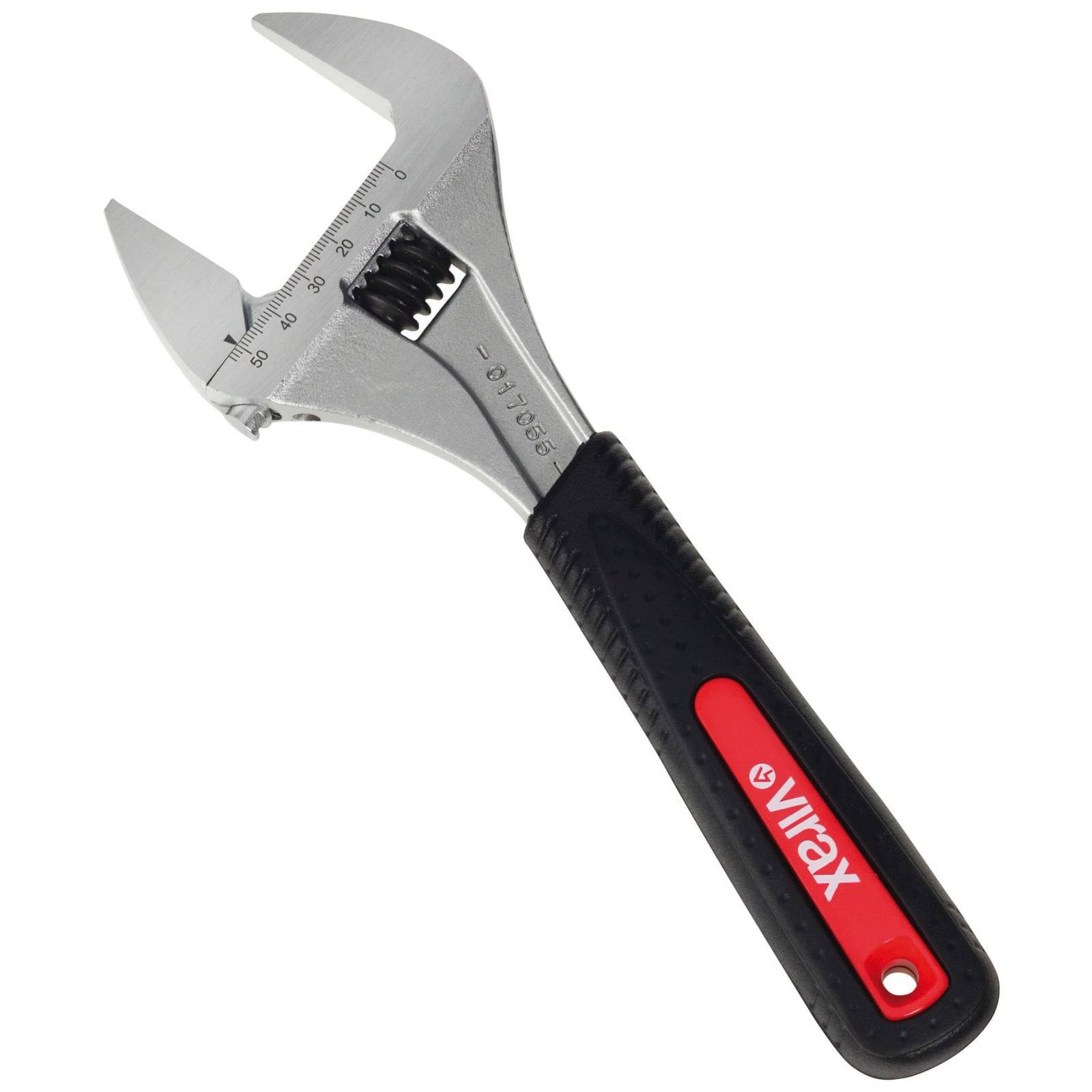 Ein verstellbarer Schraubenschlüssel mit silbernem Kopf und schwarzem und rotem Griff, der Messskalen in der Nähe des Mauls für präzise Einstellung zeigt.