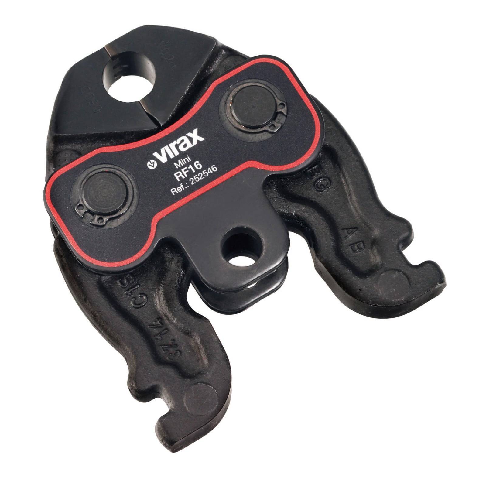 Eine Metallpresse-Backe des Typs 'Virax' mit der Bezeichnung 'M16 RF16 Ref. 253546', verwendet für Rohranschlüsse, vor einem weißen Hintergrund abgebildet.