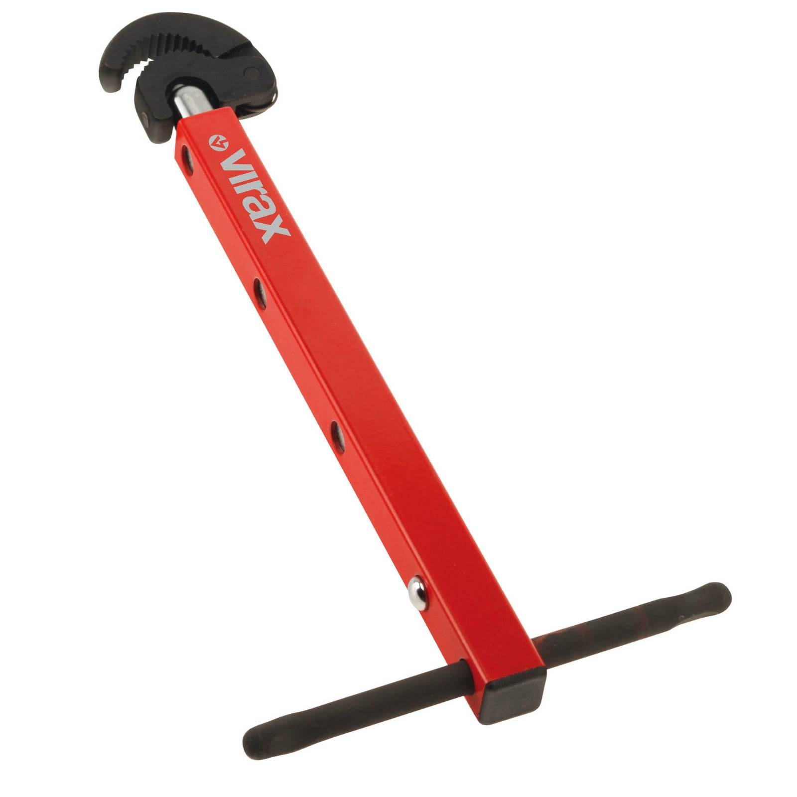 Roter verstellbarer Rohrzange mit schwarzem Greifbacken und Griff, mit der Aufschrift 'Virax'. Verwendet zum Greifen und Drehen von Rohren oder Stangen.