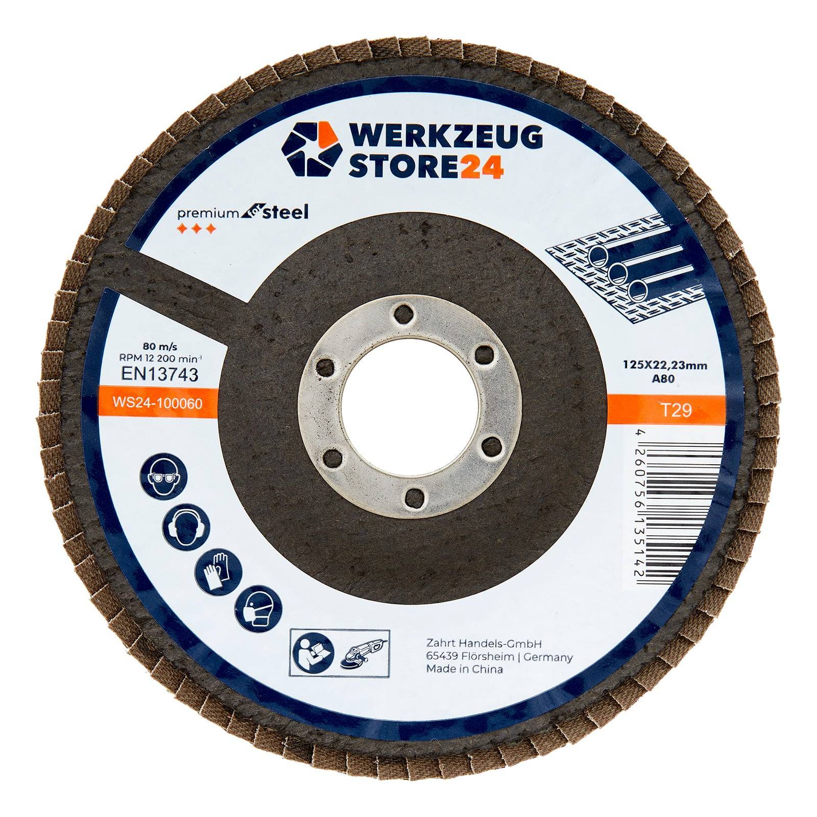 Hochwertige Stahltrennscheibe mit Kennzeichnung Werkzeug Store 24, 125x22,23mm, hergestellt in China. Enthält Sicherheitssymbole und Produktcodes EN13743.