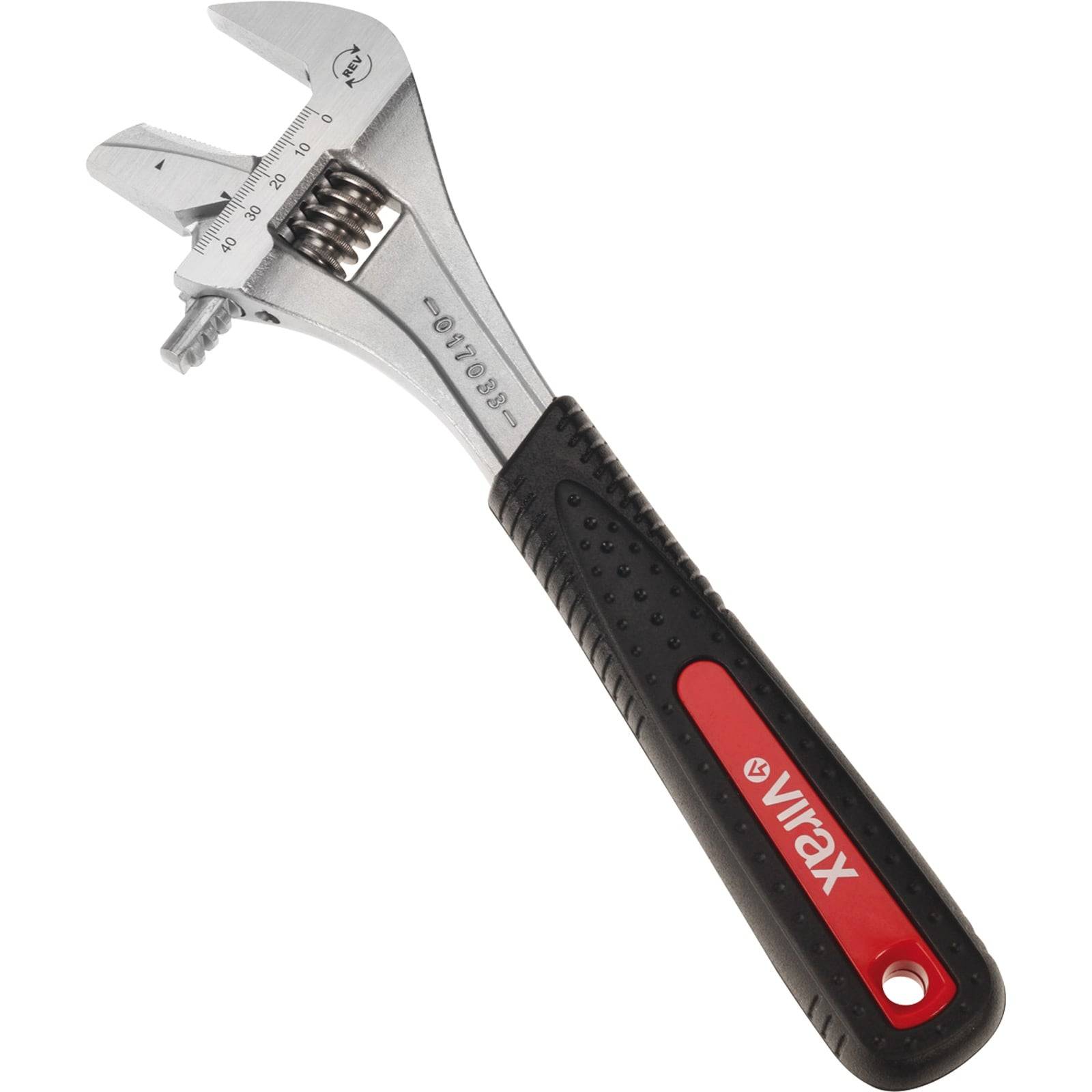 Ein verstellbarer Schraubenschlüssel mit silbernem Kopf und schwarzem Griff, auf dem der Markenname 'virax' in roter Schrift am Griff angebracht ist.