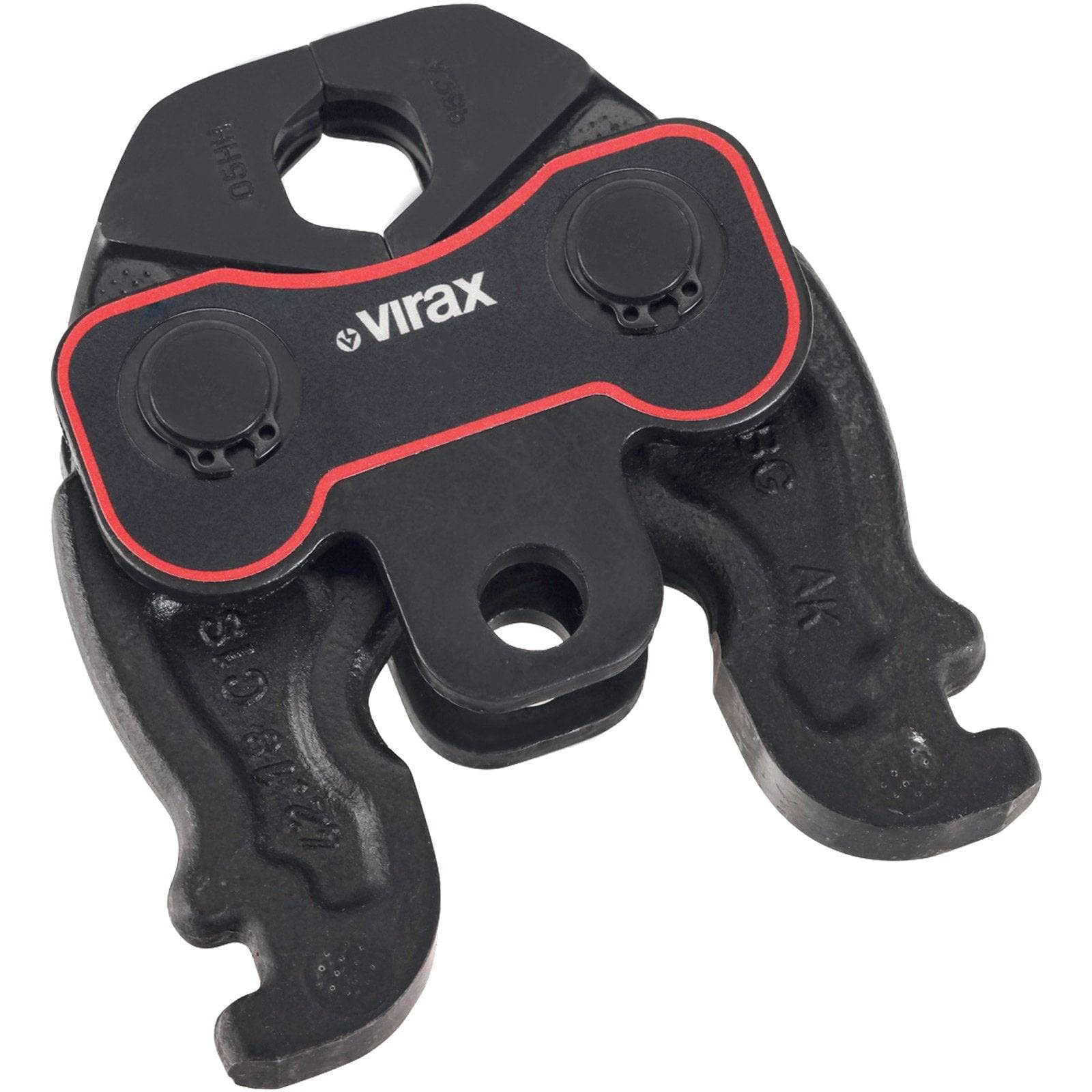 Eine schwarze und rote industrielle Werkzeugkomponente mit der Bezeichnung 'Virax', ausgestattet mit einem Klemmmechanismus, konzipiert für Press- oder Crimpanwendungen.