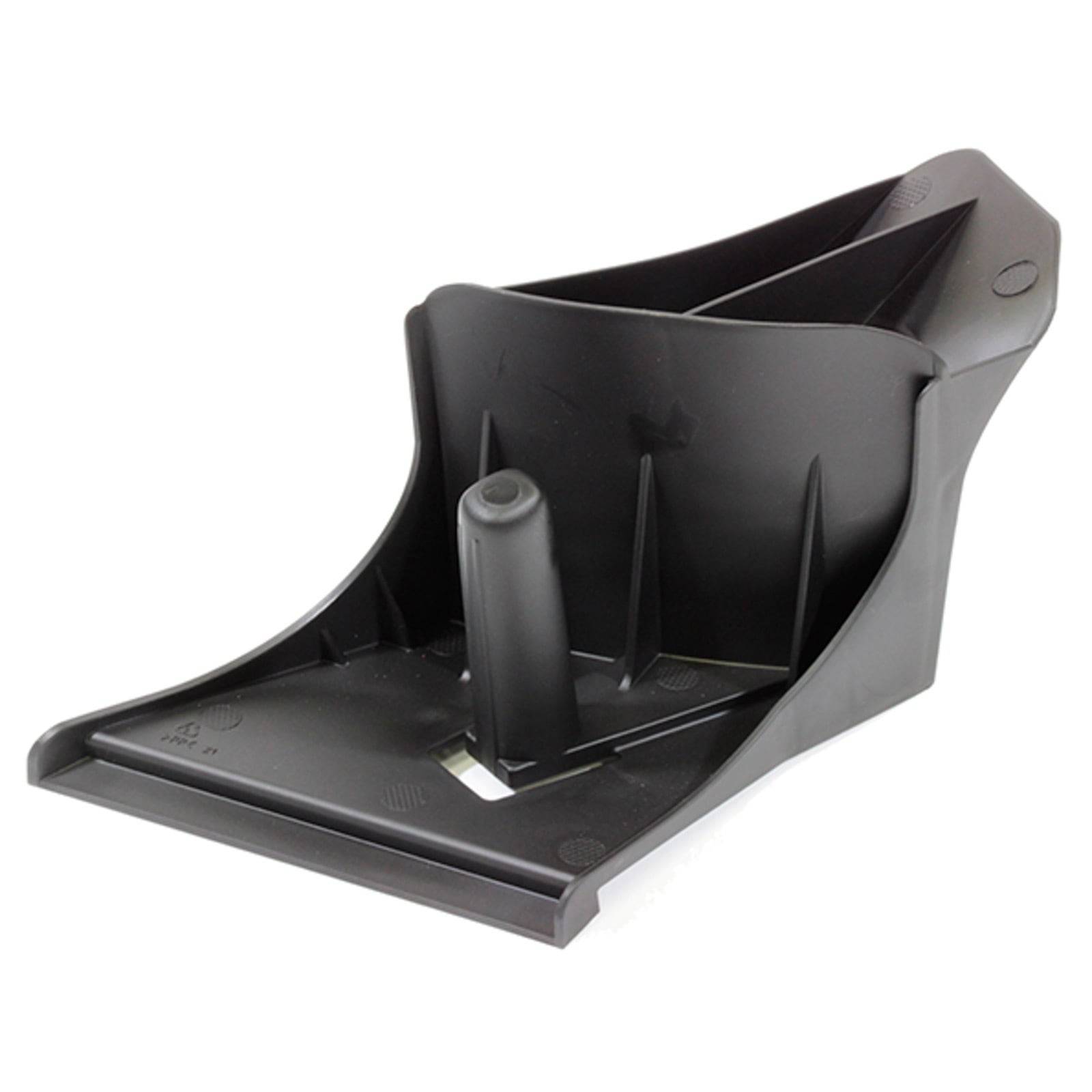 Eine schwarze Kunststoffkomponente mit einer schräg designten Konstruktion, die einen zylindrischen Pfosten in der Mitte aufweist, möglicherweise Teil einer größeren mechanischen Baugruppe.