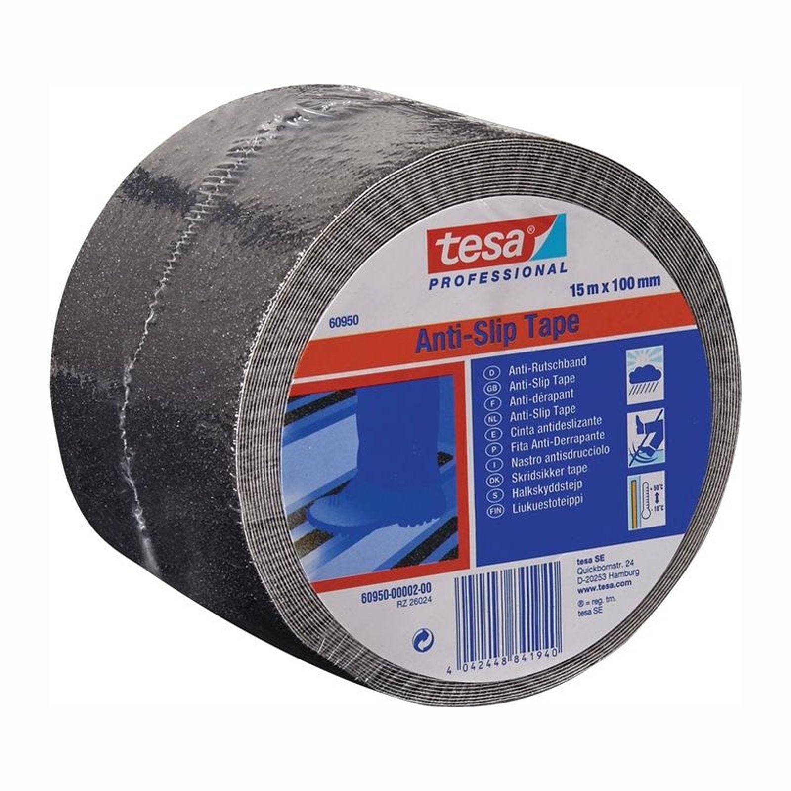 Rolle schwarzes 'tesa' Profi-Rutschfestigungsband, 15m x 100mm, mit Etikettendetails einschließlich Gebrauchsillustration und mehrsprachigem Text.