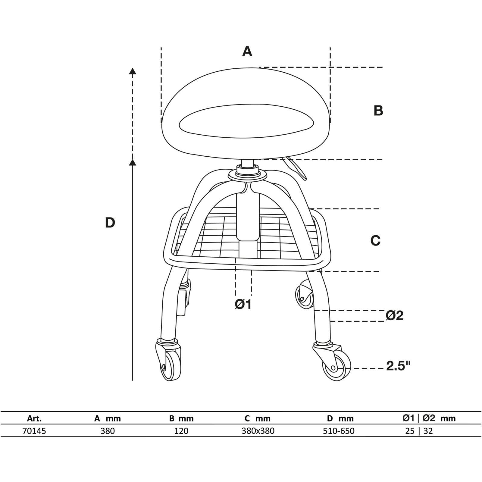Diagramm eines höhenverstellbaren Hockers mit Rollen; Abmessungen gekennzeichnet: A (Höhe), B (Sitzmuldentiefe), C (Fußstützenbreite), D (Verstellbereich).