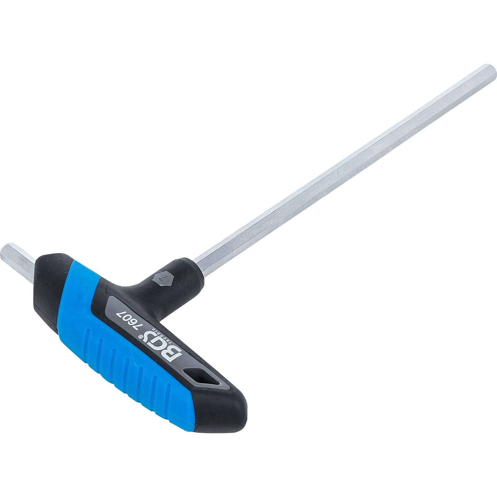 Ein T-Griff-Sechskantschlüssel mit einem blau-schwarzen Griff, auf dem '5 T' aufgedruckt ist.