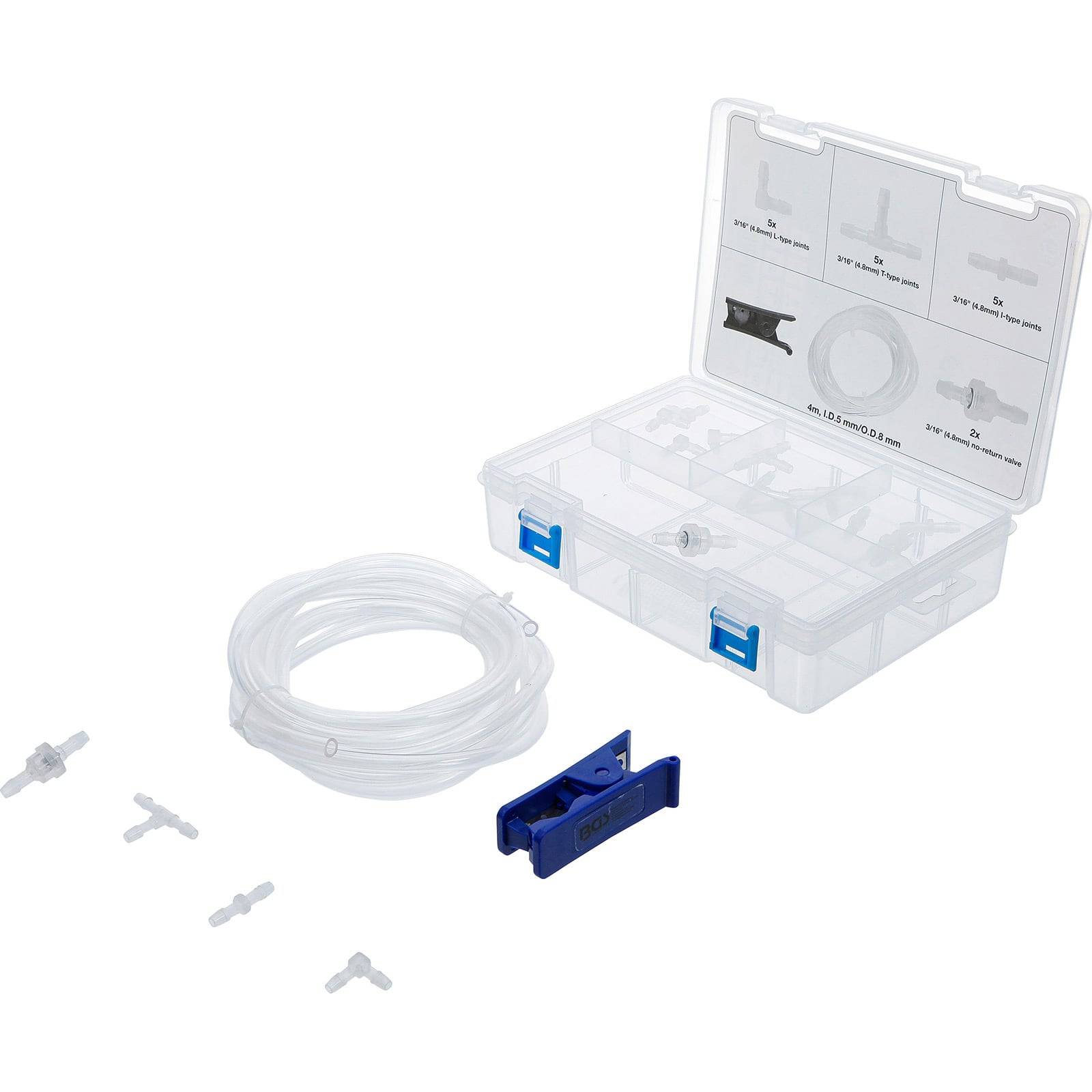 Sortimentsset mit Kunststoffverbindungsstücken und Rohrschneider, enthält Schläuche und verschiedene Verbinder. Transparente Box mit Fächern, Deckel offen und Inhalt sichtbar.