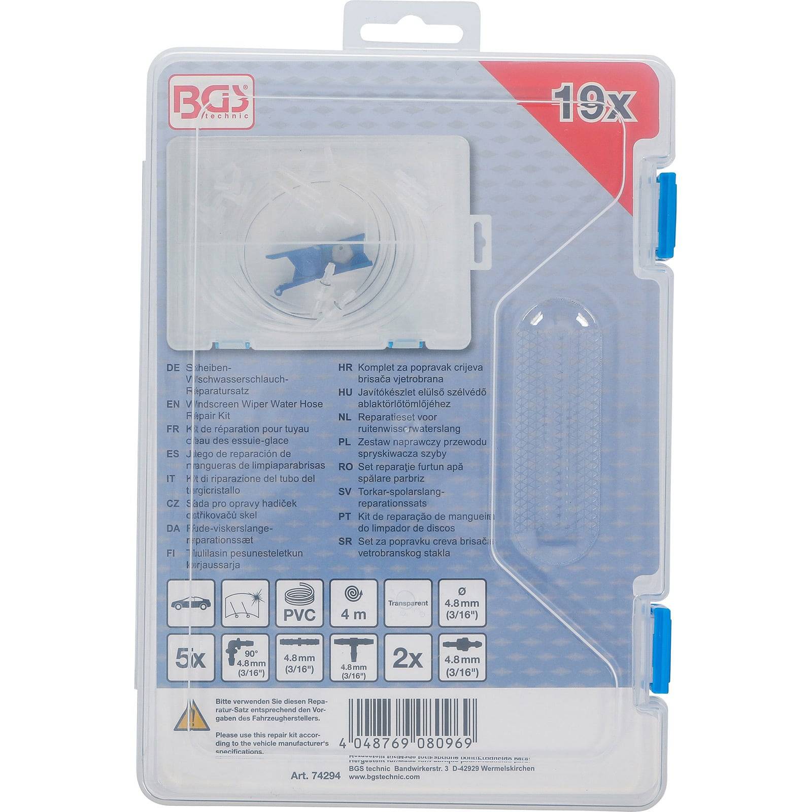 Eine transparente Plastikbox, die ein BGS Wasserschlauch-Reparaturset für 4,6mm Schläuche enthält. Das Set umfasst Schellen, Verbinder und Anleitungen.