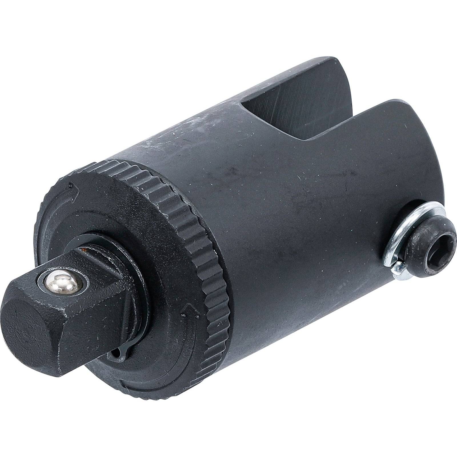 Ein schwarzer Socketadapter mit quadratischem Antrieb, entwickelt für Elektrowerkzeuge, ausgestattet mit einer geriffelte Haltefläche und einem seitlichen Loch für eine sichere Befestigung.