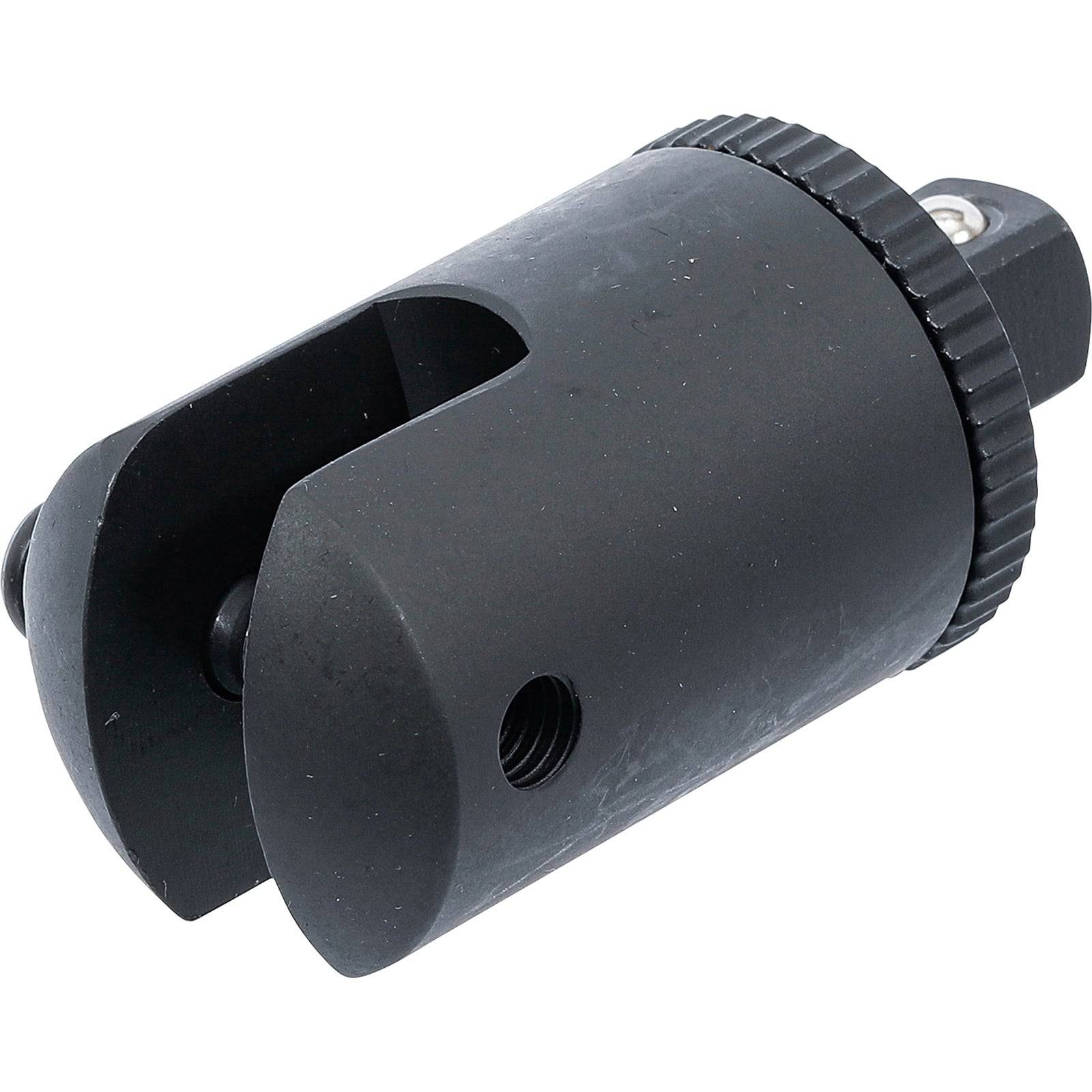 Ein schwarzer Auspuffrohrschneider mit einem kreisförmigen Griff und einer Klinge zum Schneiden. Scheint aus Metall gefertigt zu sein und wird in der Autoreparatur verwendet.