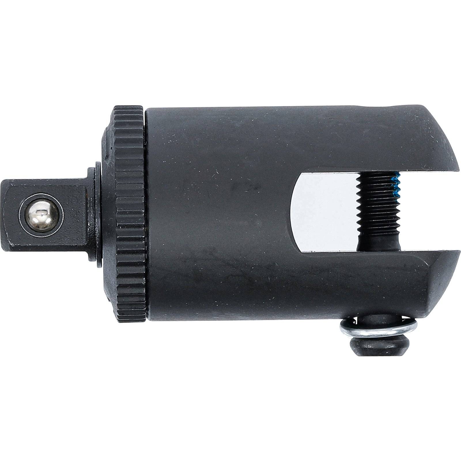 Ein schwarzes, universelles Kugelgelenk-Trennwerkzeug, das seine zylindrische Form und den verstellbaren Schraubenmechanismus zeigt, das für Fahrzeugwartungsaufgaben verwendet wird.