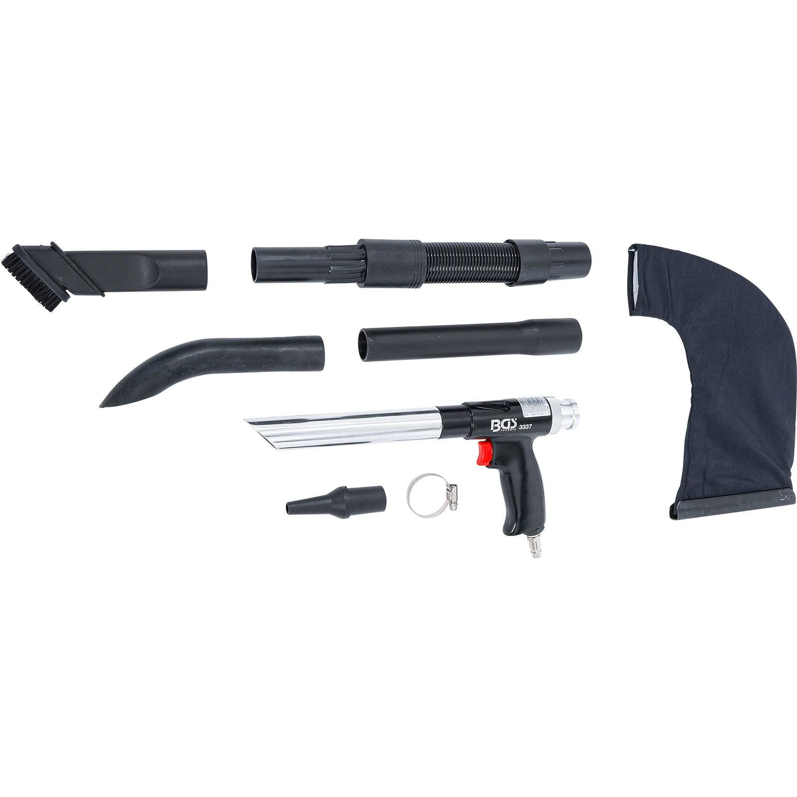 Druckluft-Reinigungsset mit verschiedenen Düsenaufsätzen, einem flexiblen Schlauch und einem Staubbeutel, vor weißem Hintergrund präsentiert.