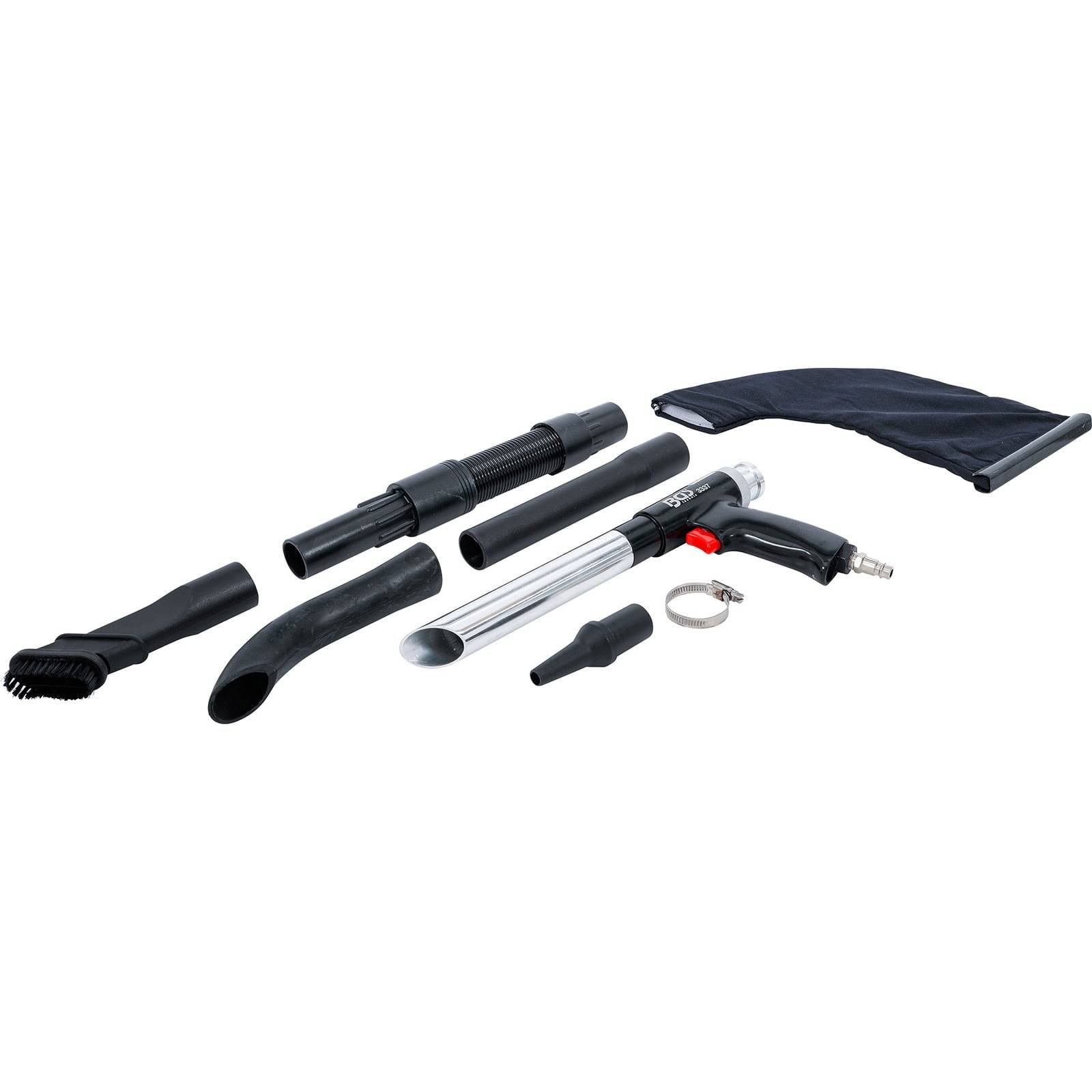 Pneumatische Vakuumpistole mit Zubehör, einschließlich verschiedener Düsen, Staubbeutel und Schlauch. Geeignet für Reinigungs- und Wartungsaufgaben.