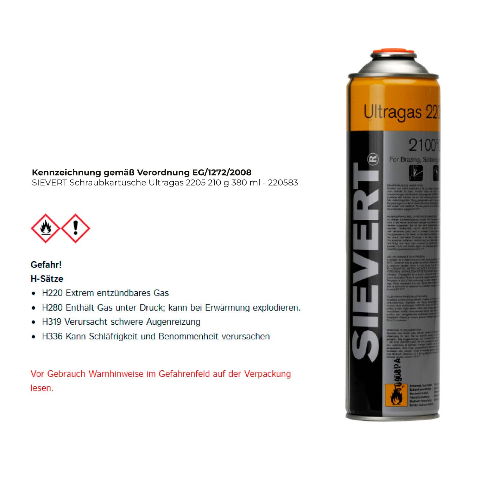 Sievert Ultragas 2205' Gaskartusche mit Sicherheitshinweisen: entzündbar, druckbeaufschlagt, kann Schläfrigkeit verursachen. 380 ml Fassungsvermögen, aufrechte Ausrichtung.