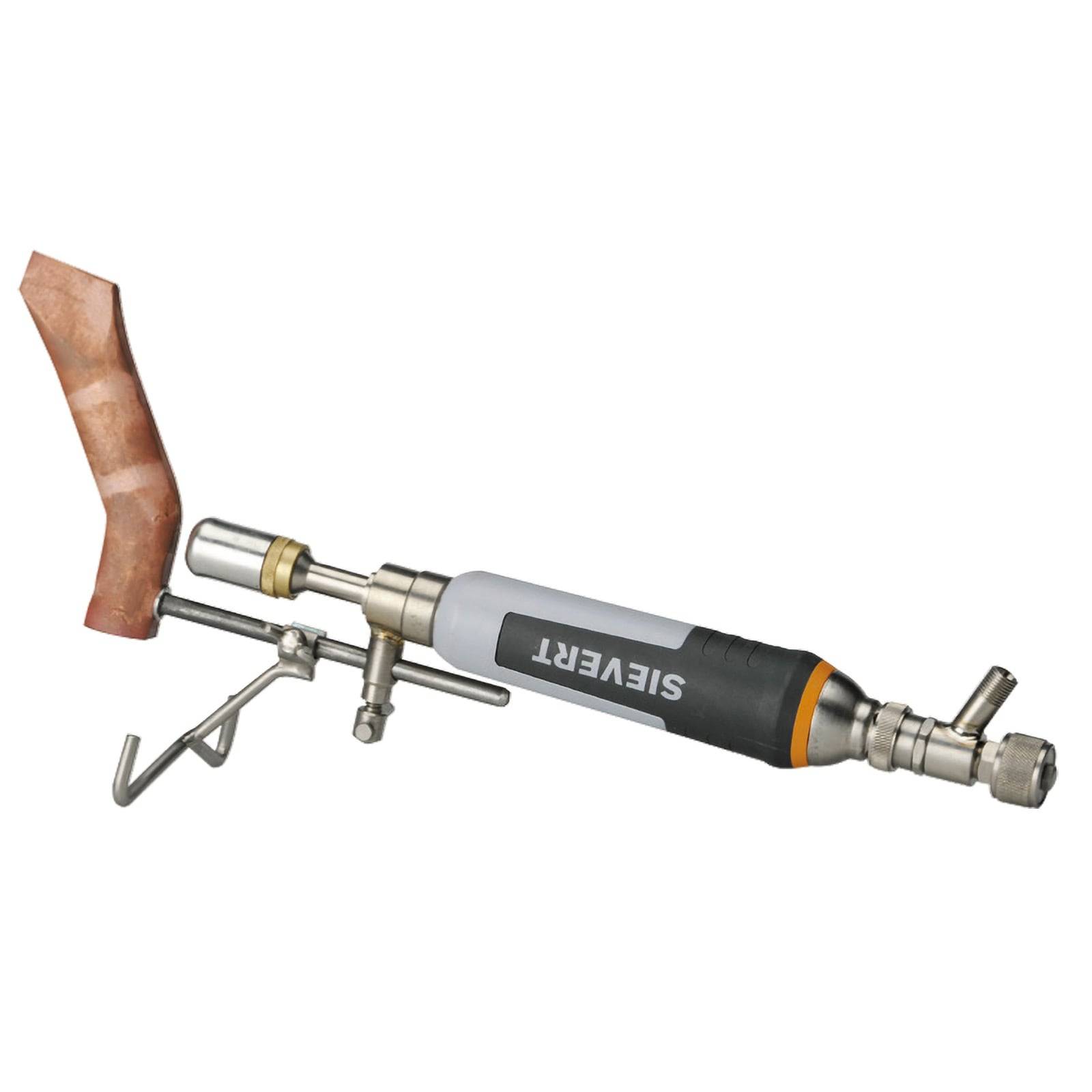 Eine Schweißbrenner mit einem silbernen und schwarzen Gehäuse, mit der Beschriftung 