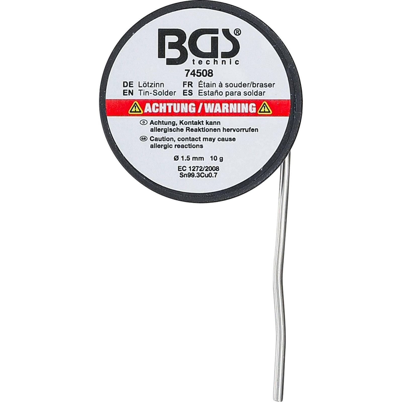 BGS technic Lötzinnpack mit Warnhinweistext in mehreren Sprachen. Enthält englische Warnung: Kontakt kann allergische Reaktionen verursachen.