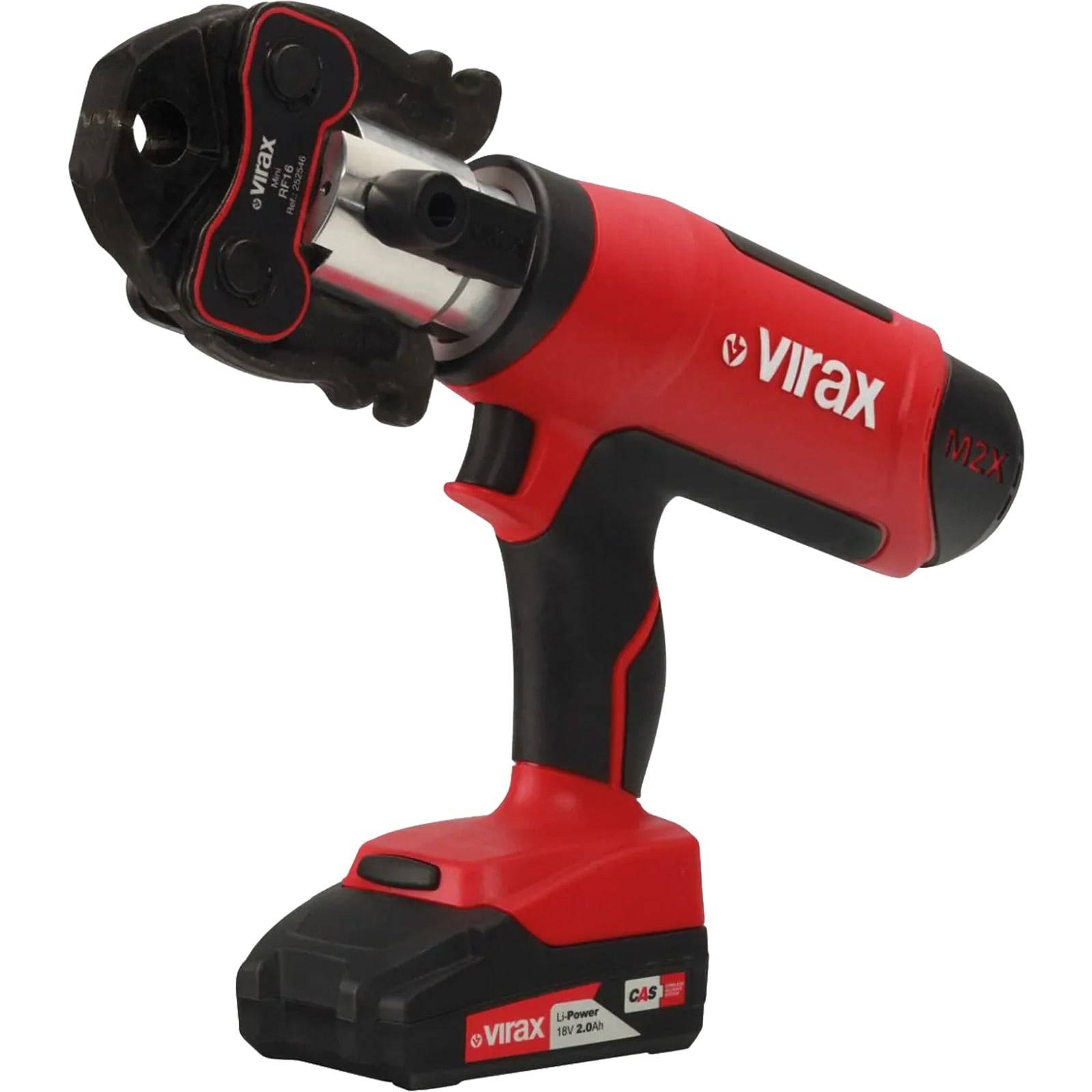 Eine rote und schwarze Kraftmaschine mit der Beschriftung ‚Virax', ausgestattet mit einem Akkupack und einem Klemmmechanismus, die für Rohrpressungs- oder Crimpaufgaben verwendet wird.
