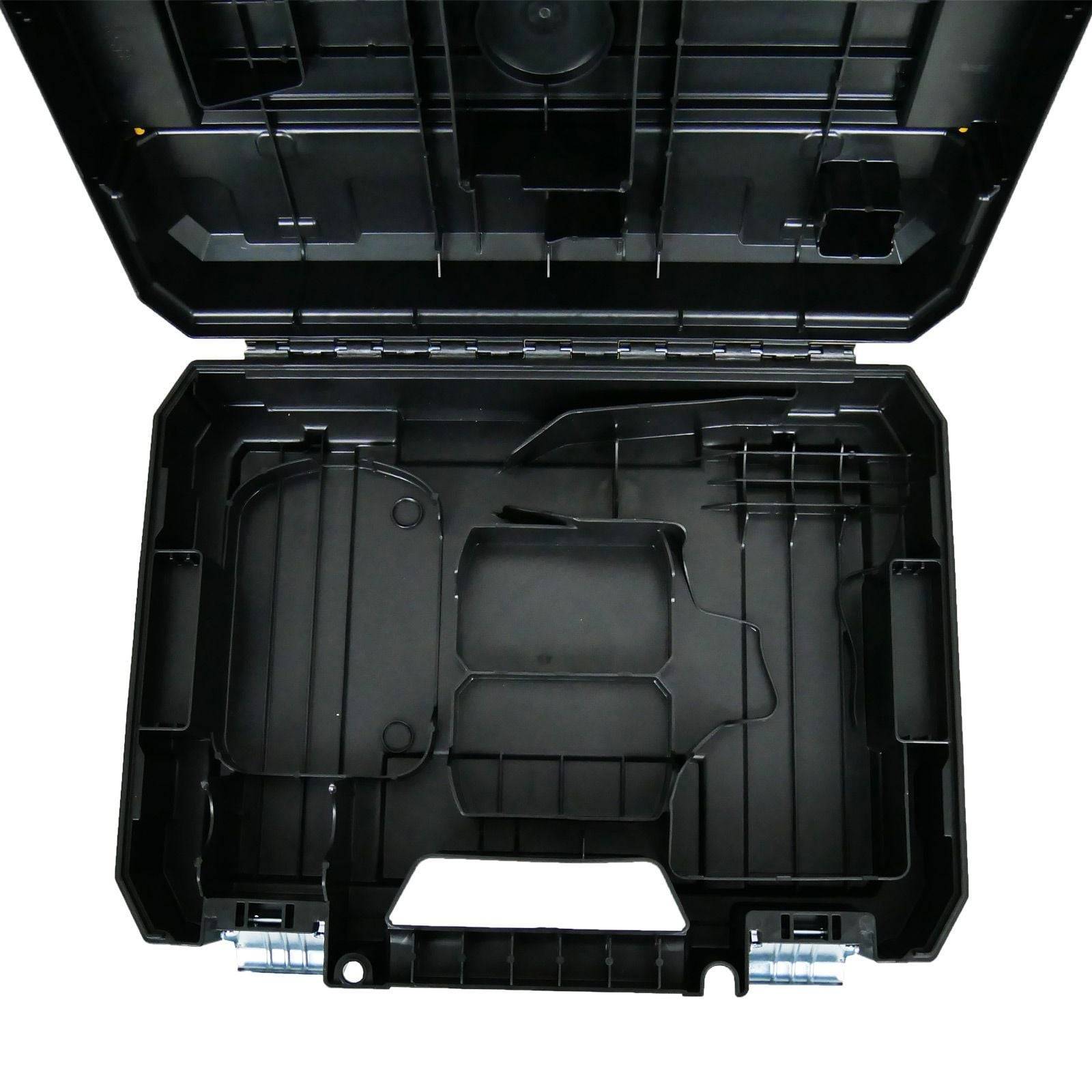 Eine offene schwarze Kunststoff-Werkzeugkiste, die mehrere Fächer zum Aufbewahren von Werkzeugen zeigt, mit einem Griff an der unteren Seite.