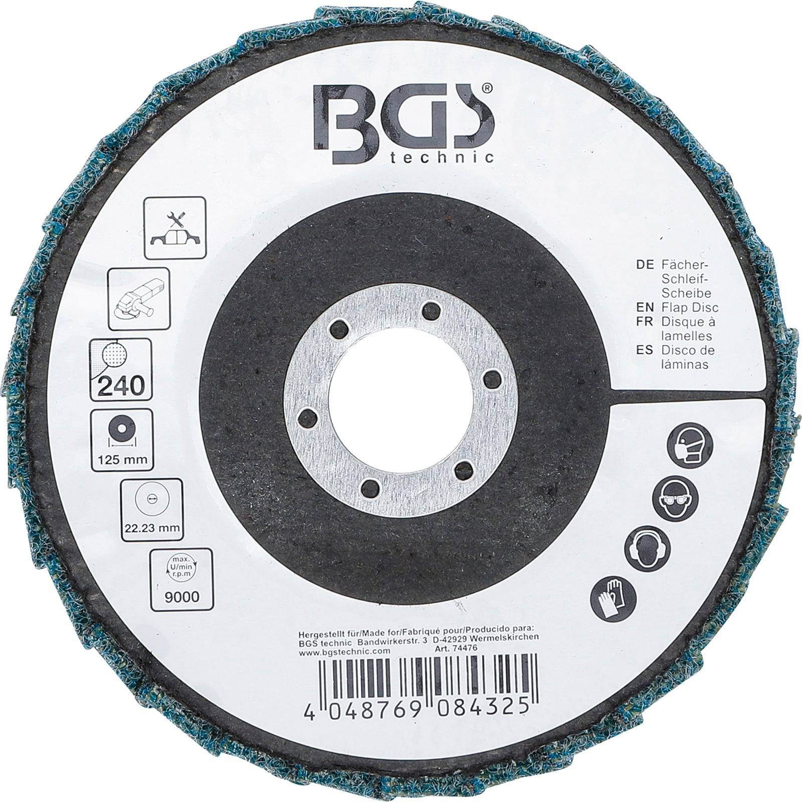 Eine Lamellenscheibe mit der Aufschrift 'BGS Technic' zum Schleifen, 240er Körnung, 125 mm Durchmesser, max. 22,23 mm, 9000 U/min, mit Symbolen für Gebrauchsanweisung und Sicherheit.