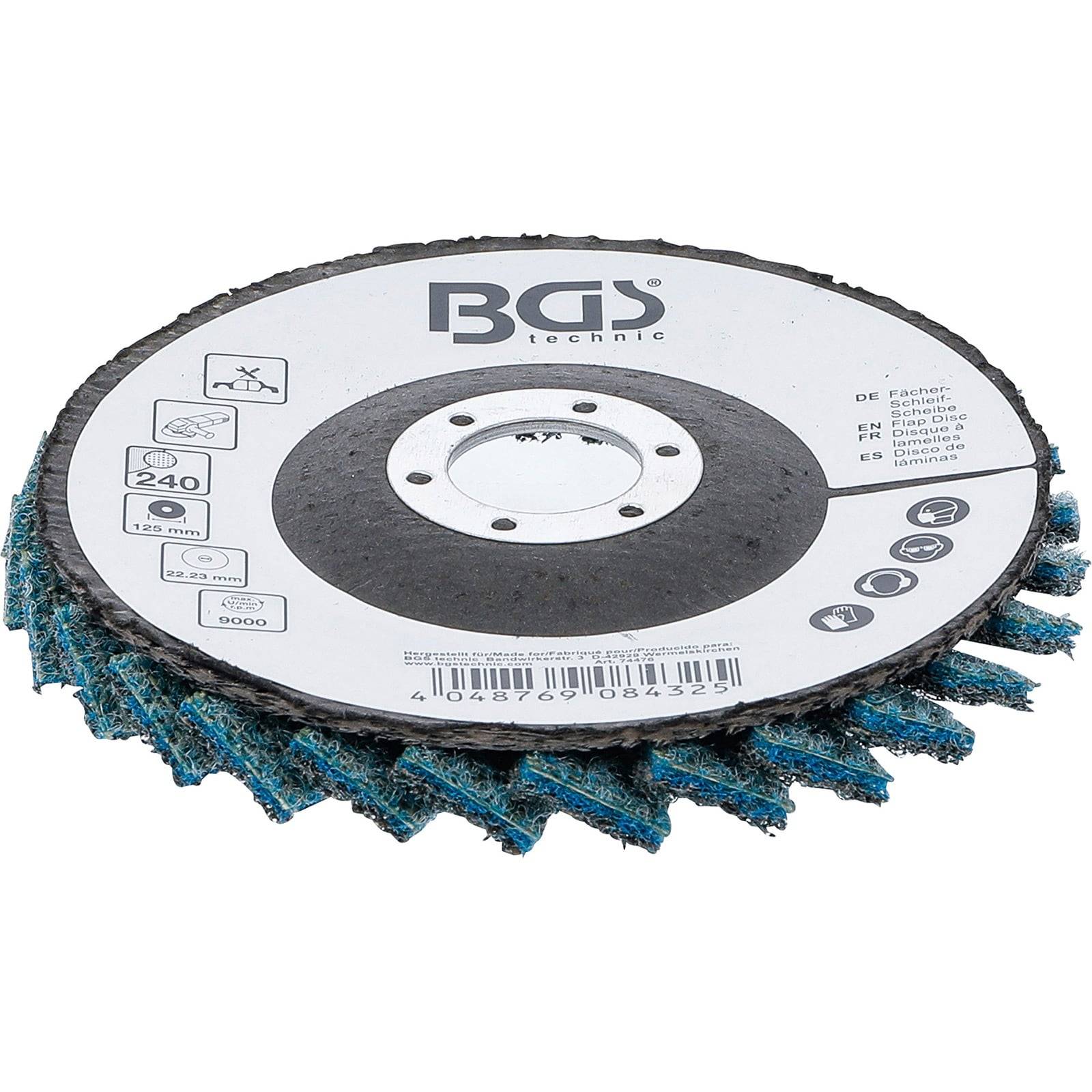 Eine runde Schleifscheibe mit blauem Schleifmittel, mit der Aufschrift 