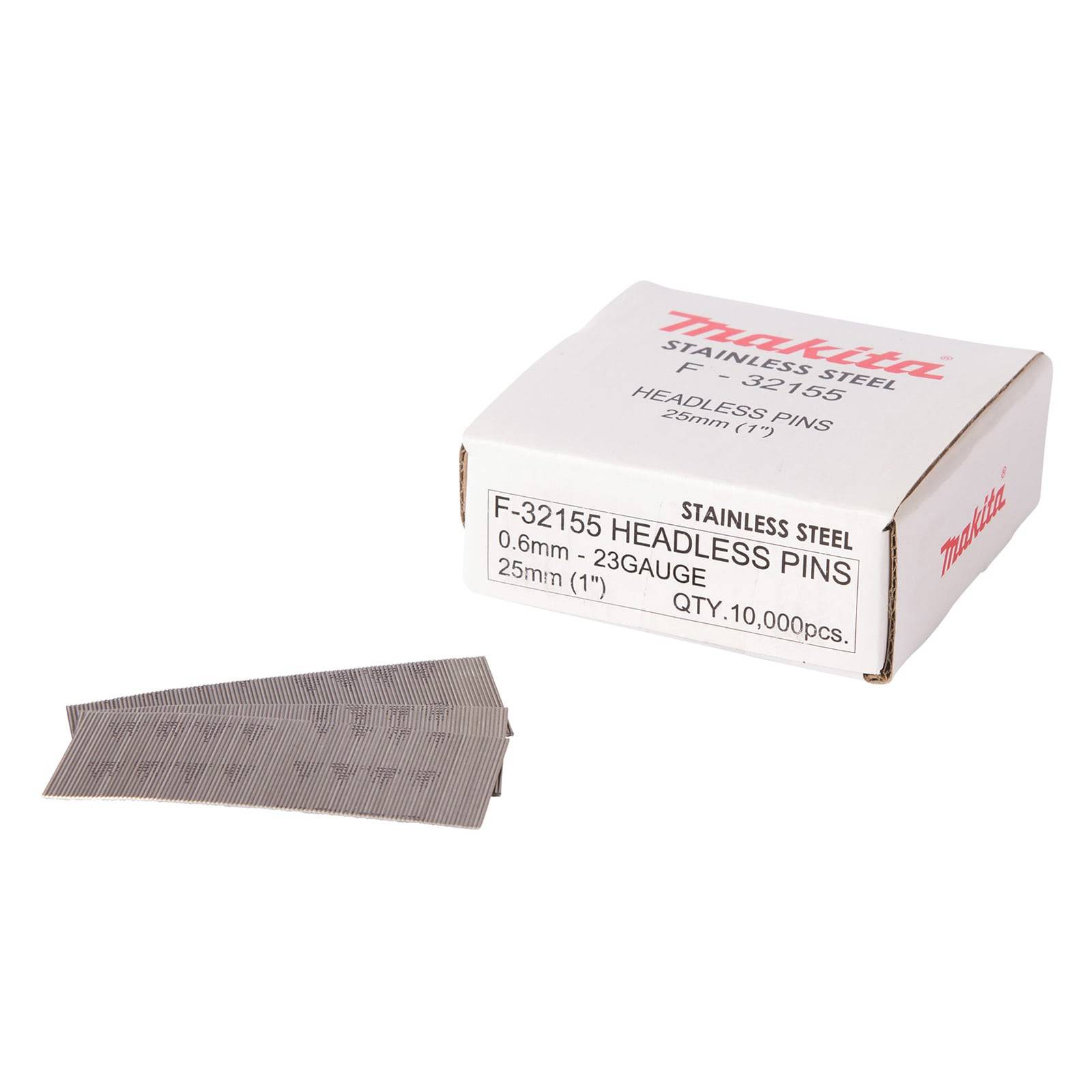 Schachtel aus rostfreien Edelstahlstiften ohne Kopf mit gestapelten Stiften daneben, beschriftet mit F-32155, 0,6 mm, 25 mm Länge, 10.000 Stück, 23 Gauge.