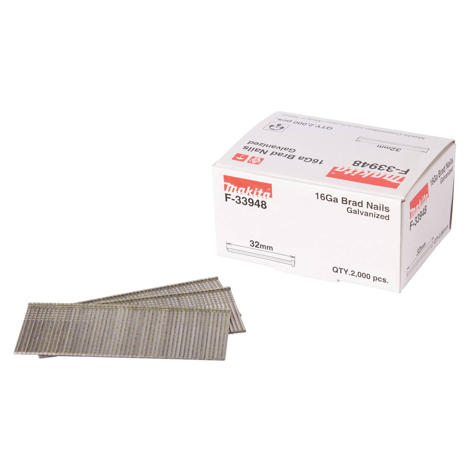 Schachtel und Packung mit 32 mm, 16-Gauge verzinkten Bradnägeln von Makita, Modell F-33948, enthaltend 2.000 Stück für Bauanwendungen.