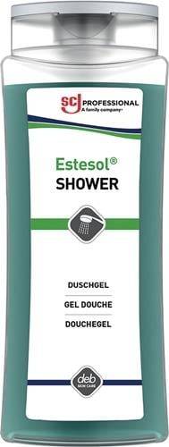 Estesol Shower' Gel-Verpackung, grün-weiß gestaltetes Design mit Dusch-Symbol. Der Text in Deutsch und Französisch lautet 'Duschgel' und 'Gel Douche'.