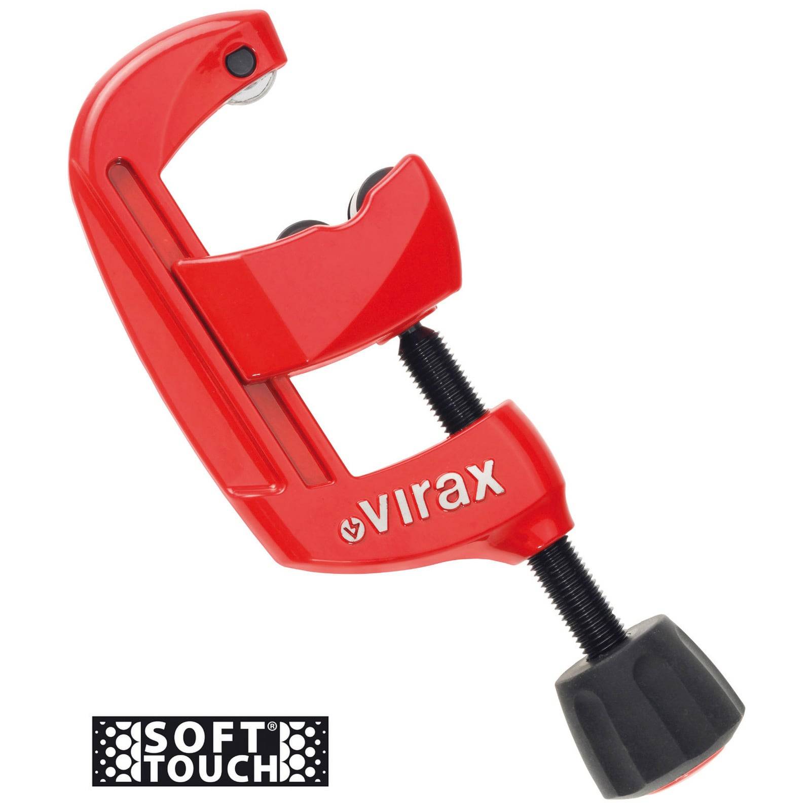 Ein roter Rohrabschneider der Marke 'Virax' mit einem schwarzen Einstellknopf, gekrönt von der Phrase 'Soft Touch', was wahrscheinlich auf seine Griffeigenschaft hinweist.