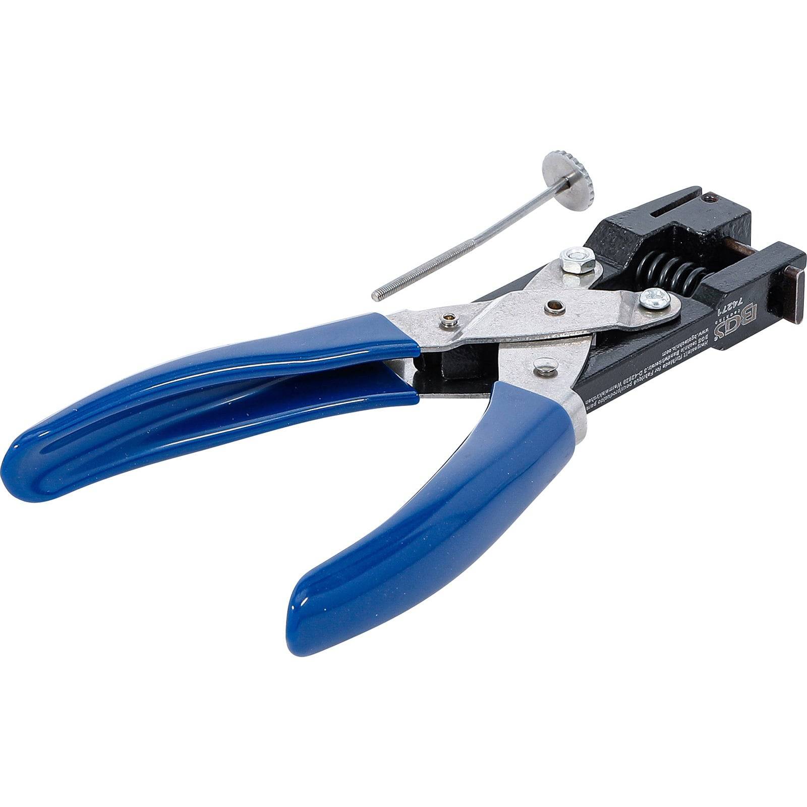 Eine Schweinering-Zange mit blauem Griff, ausgestattet mit einer verstellbaren Schraube und Federmechanismus, die zum Crimpen von Schweineringen bei Polster- oder Zaunarbeiten verwendet wird.