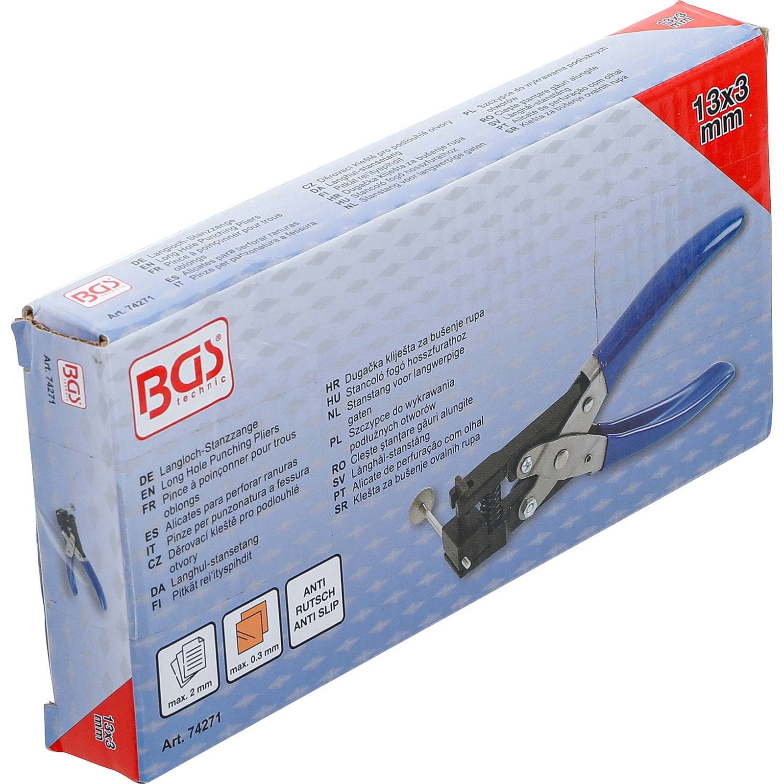 Eine Schachtel mit einem blaugriffigen Werkzeug, beschriftet mit 'BGS', mit Spezifikationen in mehreren Sprachen und einer Notiz von '13x3 mm'.