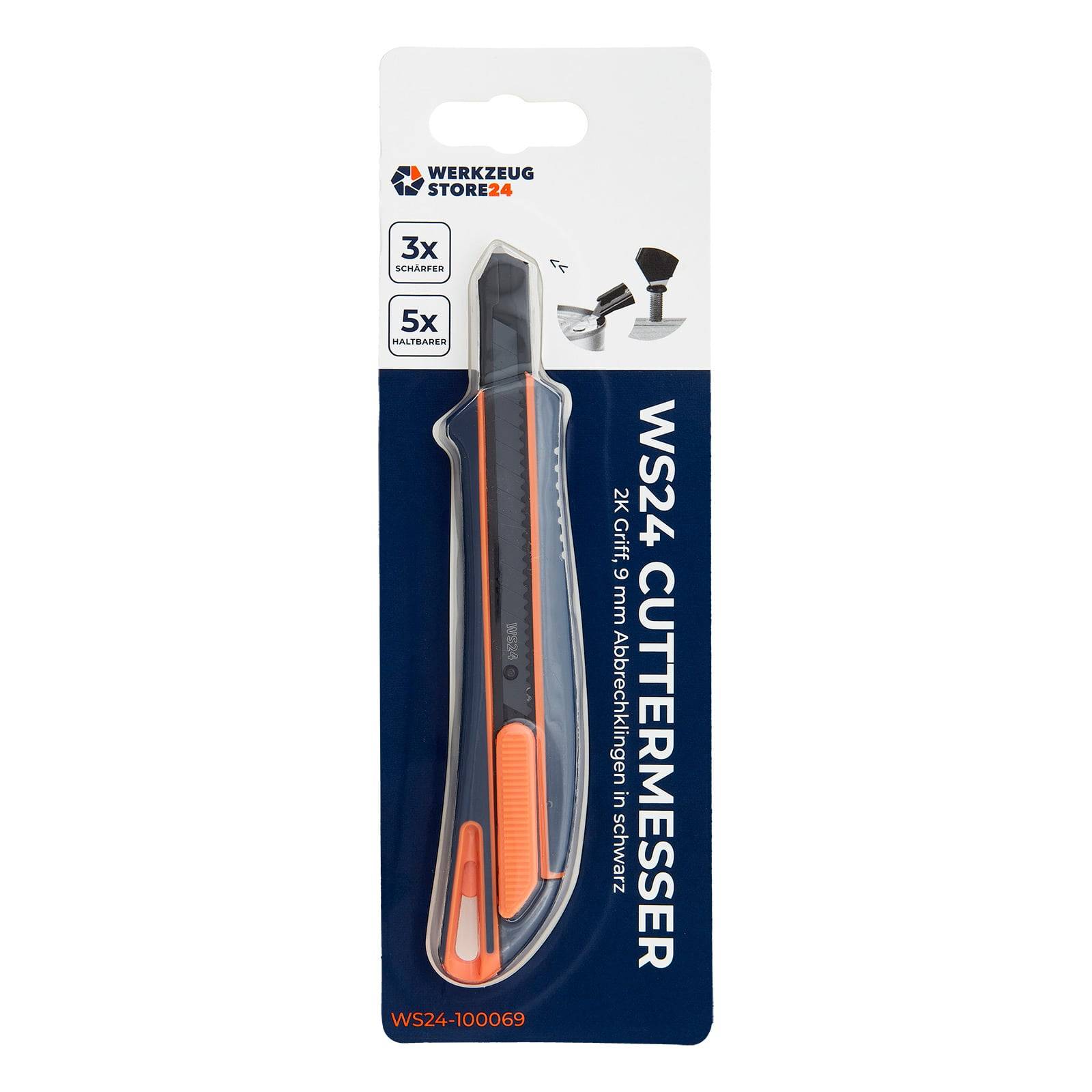 Ein Universalmesser mit einem orange-schwarzen Griff wird in Verpackung präsentiert. Die Verpackung erwähnt '3x', '5x' und 'WS24 Cuttermesser'.