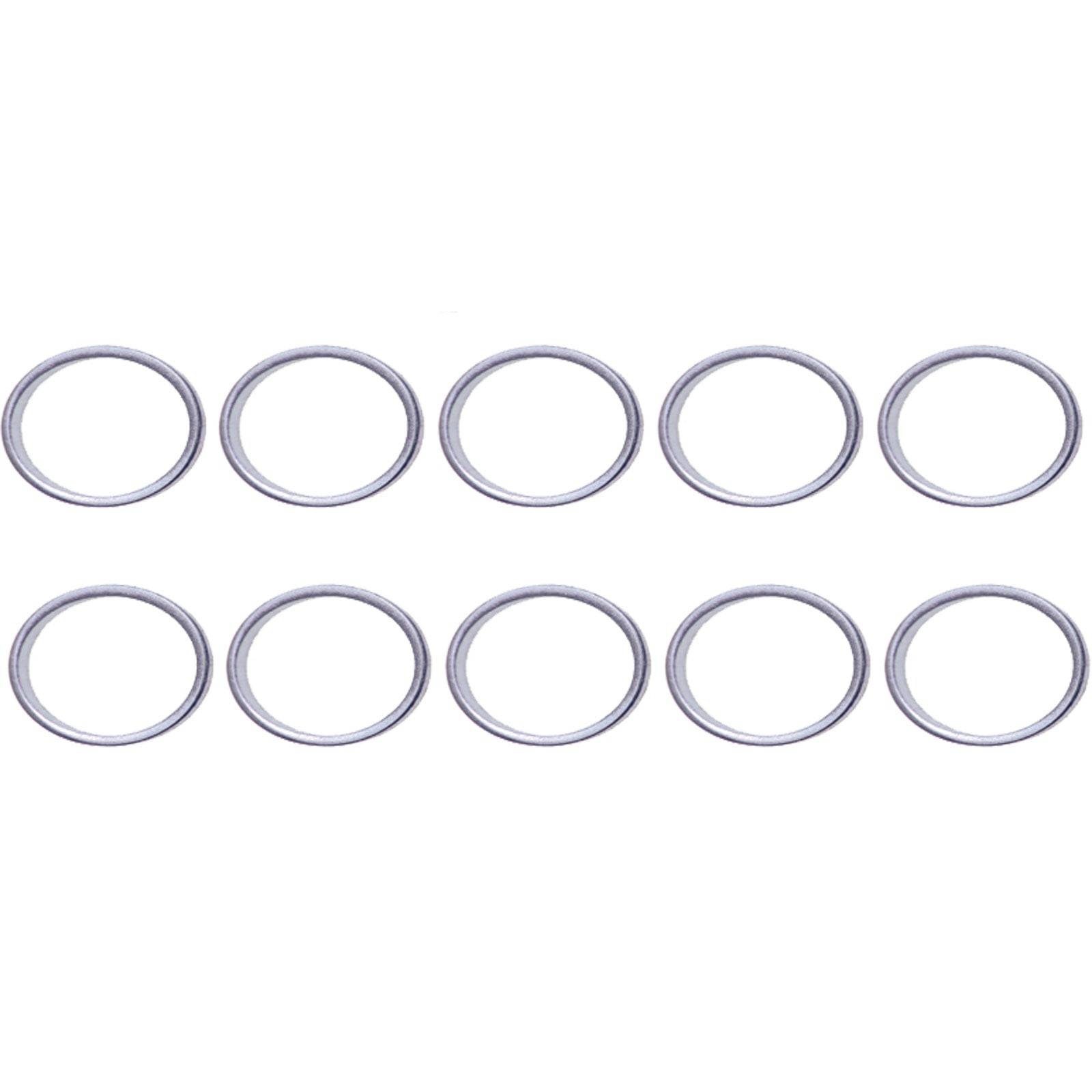 Zehn silberne kreisförmige Ringe, gleichmäßig in zwei horizontalen Reihen angeordnet.