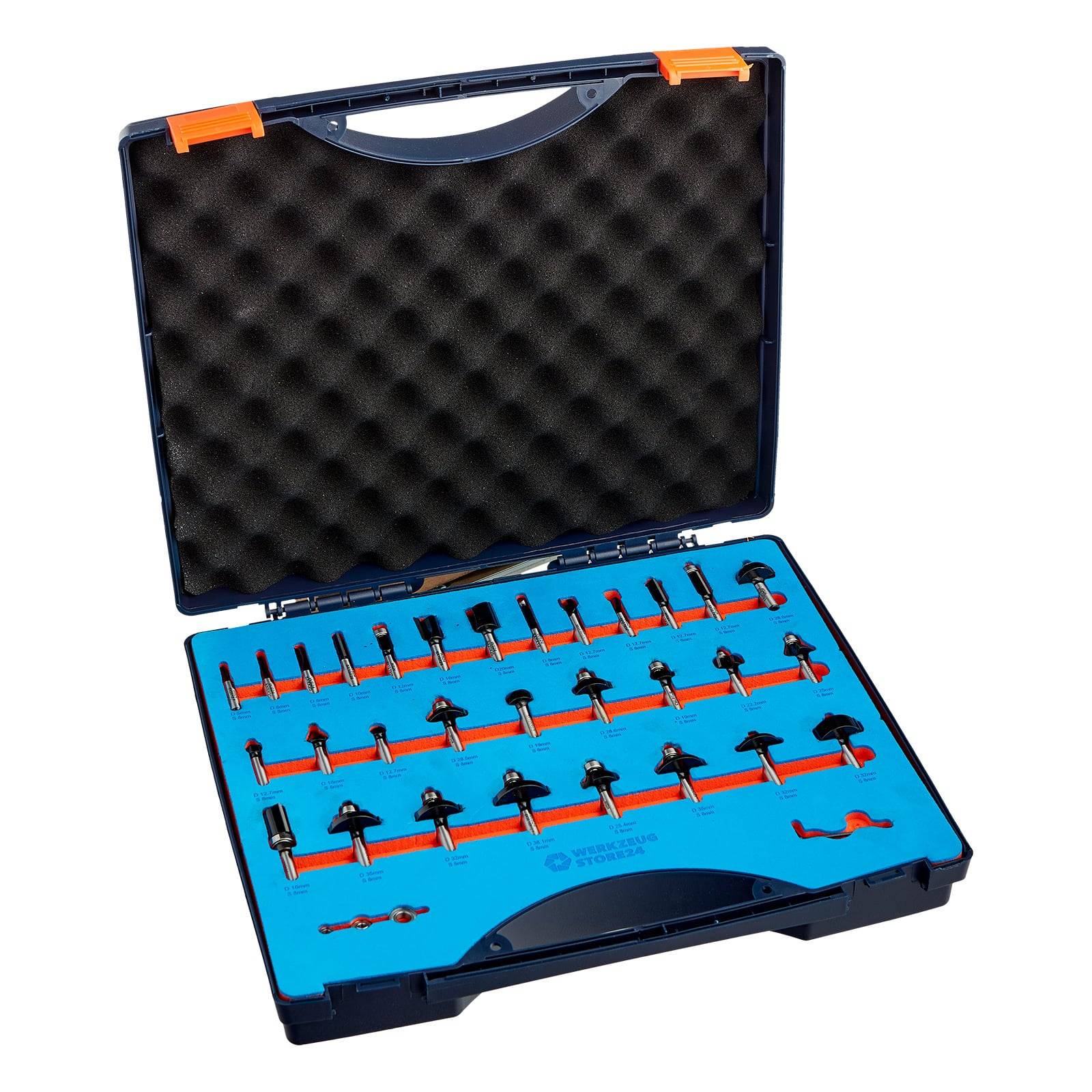 Ein offener Werkzeugkoffer, der einen Satz blauer und orangefarbener Präzisionsmesswerkzeuge zeigt, die ordentlich in Schaumstoff eingepasst sind.