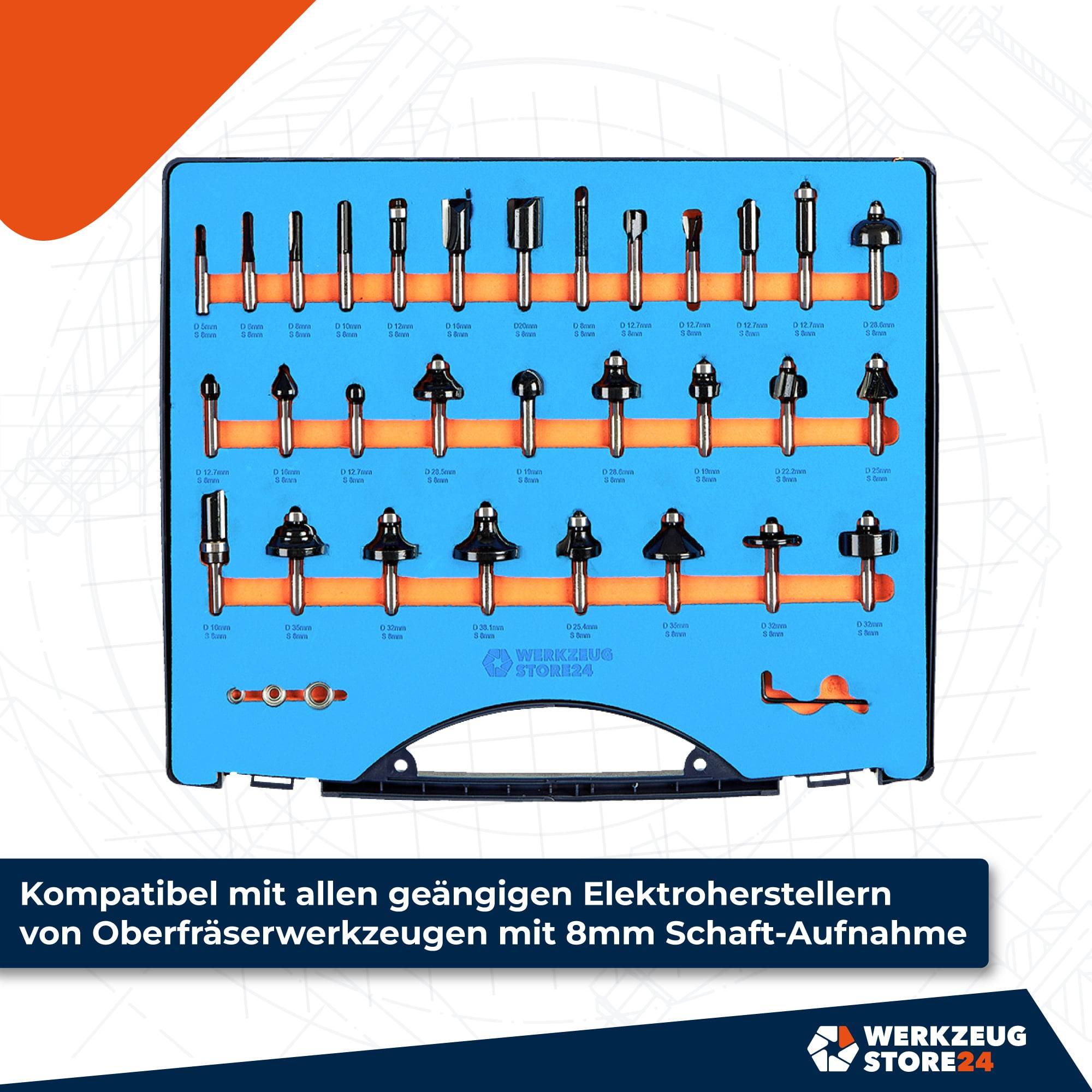 Ein Satz verschiedener Fräsbohrer, die auf einem blauen Hintergrund präsentiert werden. Text darunter liest: 'Kompatibel mit allen gängigen Elektroherstellern von Oberfräswerkzeugen mit 8mm Schaft-Aufnahme'.