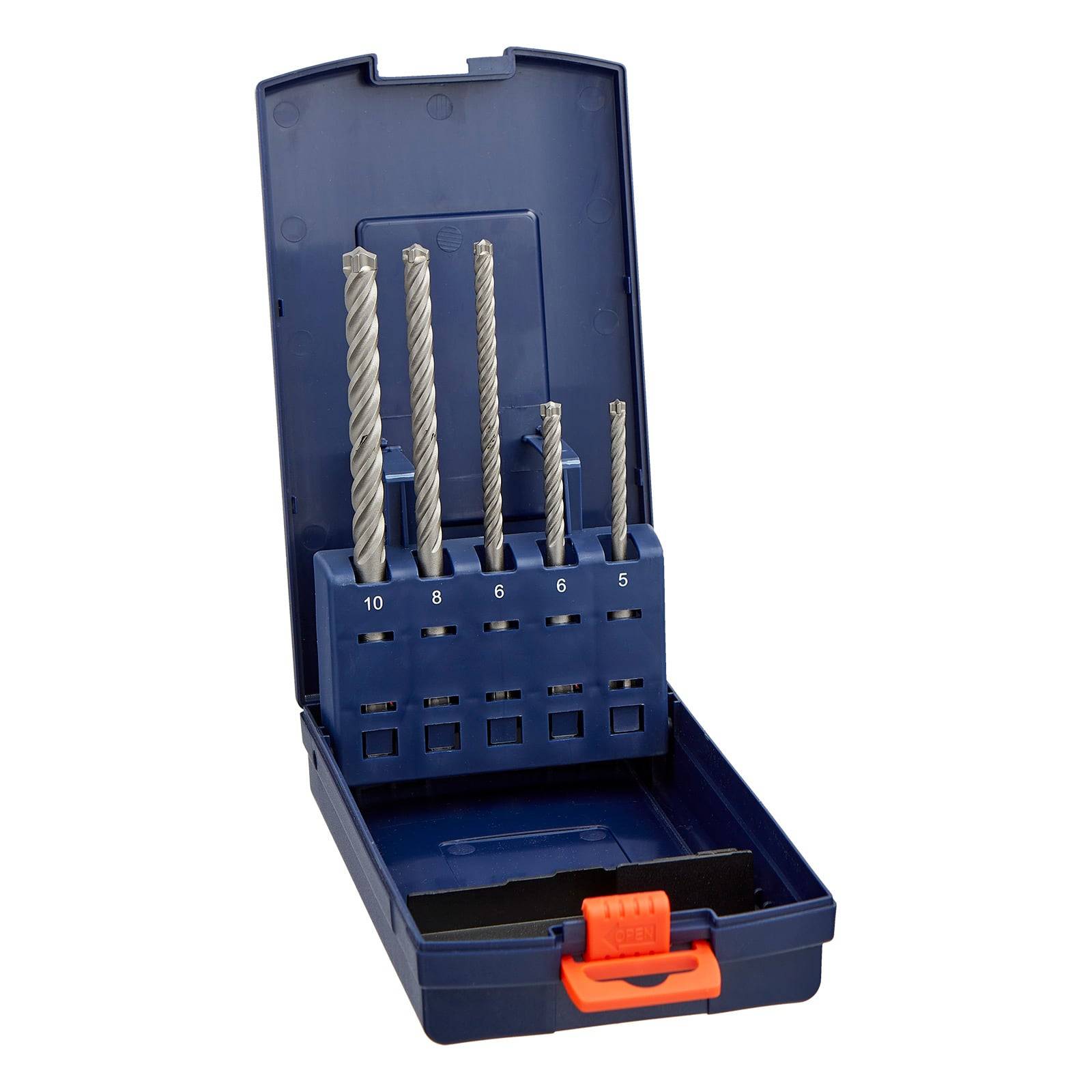 Ein Satz von sechs Bohrern unterschiedlicher Größen ist in einer blauen Plastikbox organisiert. Die Größen sind von 5 bis 10 gekennzeichnet.