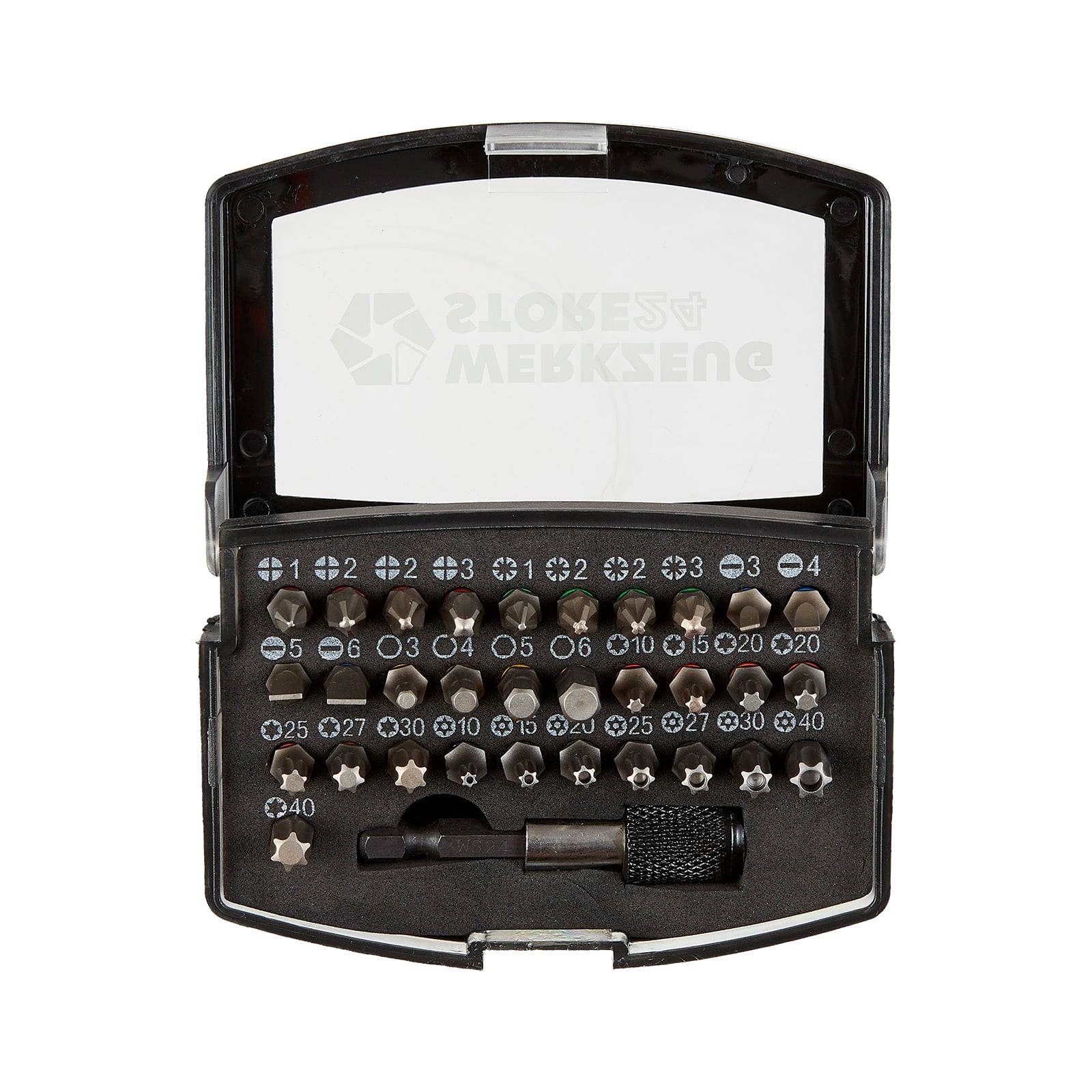 Ein kompaktes Set an Präzisionsschraubendreher-Bits in einem offenen schwarzen Etui, das verschiedene Bit-Größen und -Typen ordentlich in Reihen angeordnet zeigt.